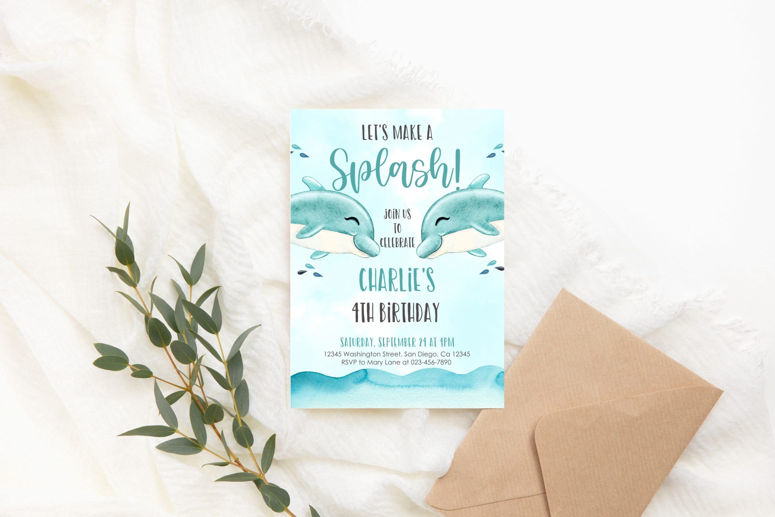 Birthday Invitations Editable Dolphin Birthday Invitation, Green Dolphin Sea Ocean, Gender Neutral Birthday Party Corjl template