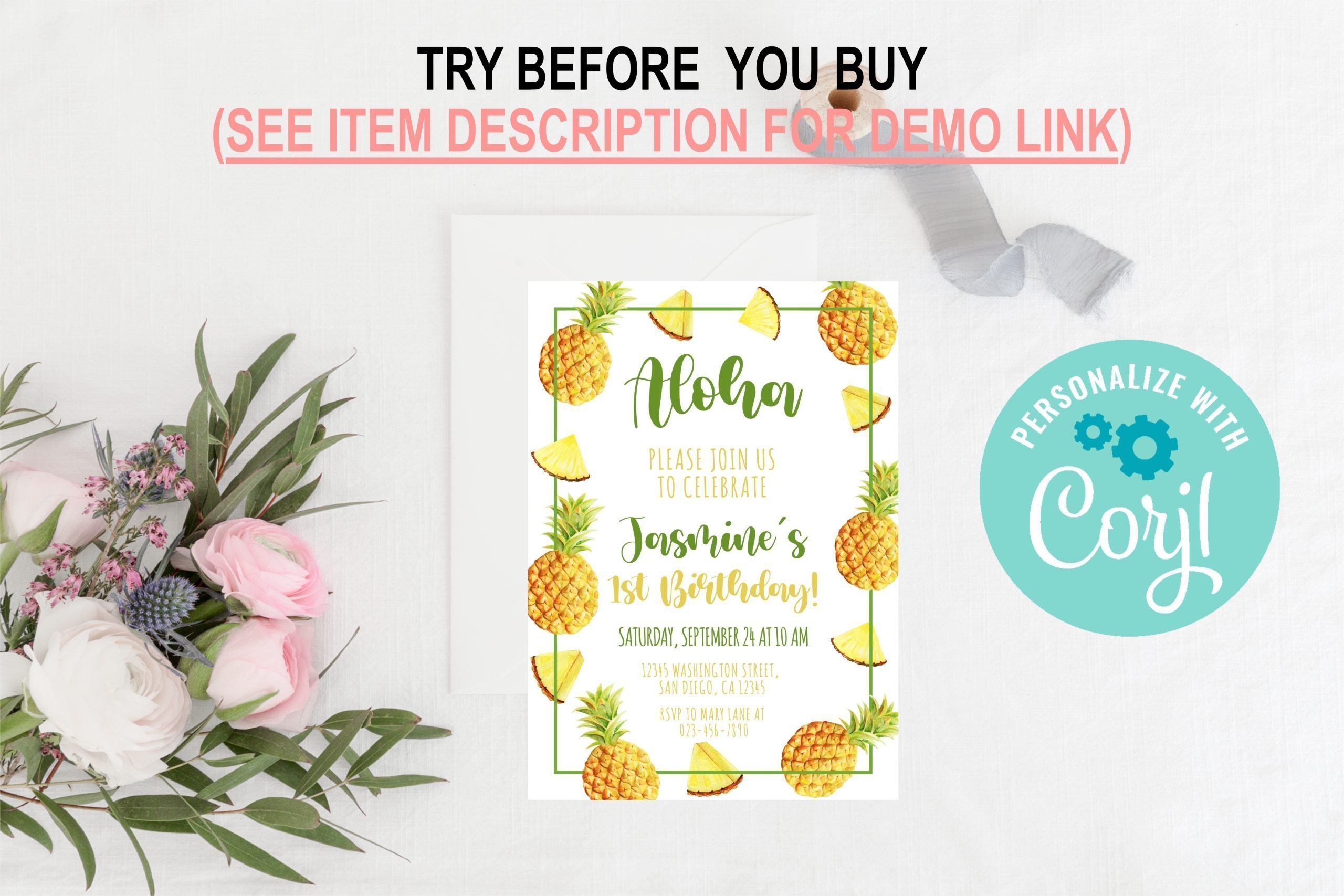 Birthday Invitations Editable Pineapple Birthday Invitation, Aloha Pineapple Party Invitation, Printable Corjl Template Aloha Birthday Invitation