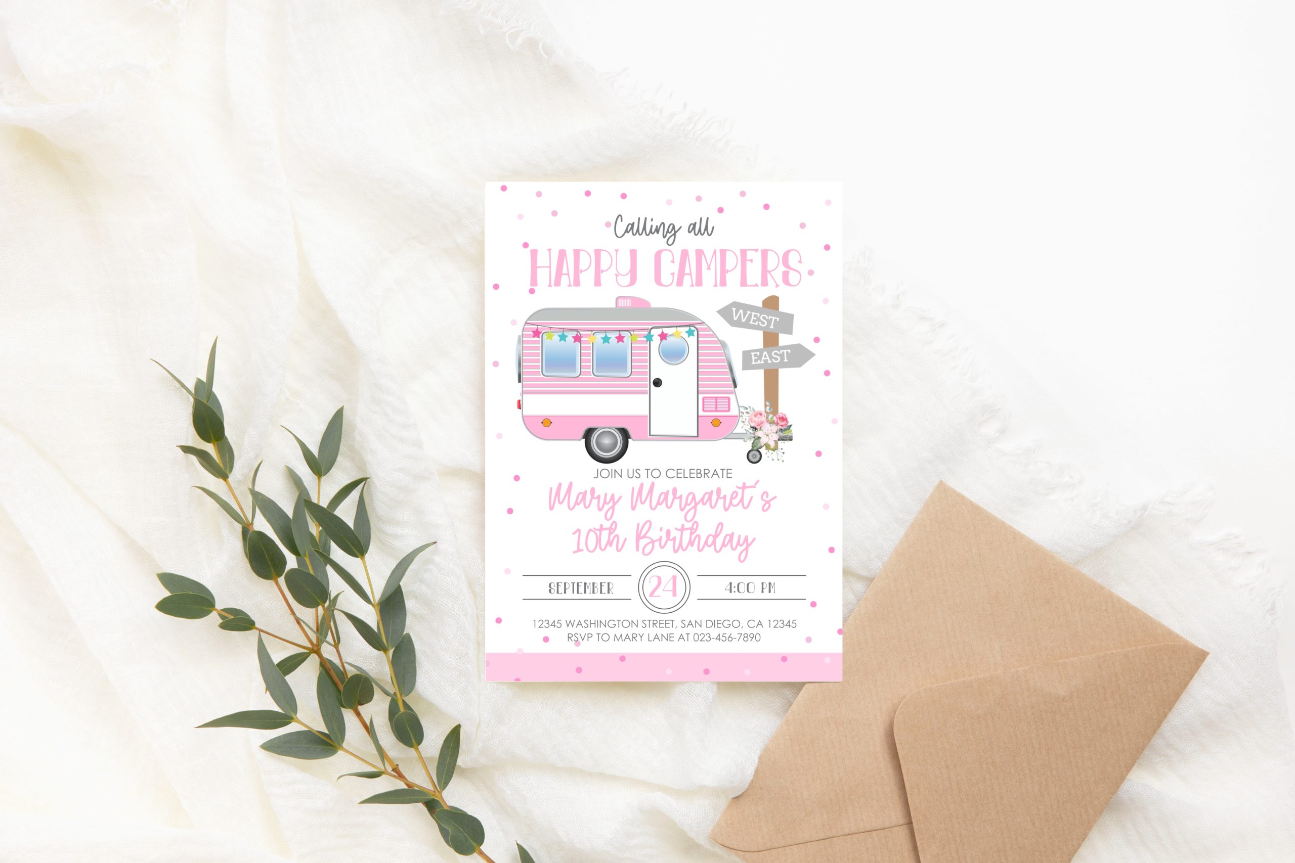 Baby Shower Invitation / Set Editable Pink Girl Camping Party Invitation – Digital Download adventure birthday