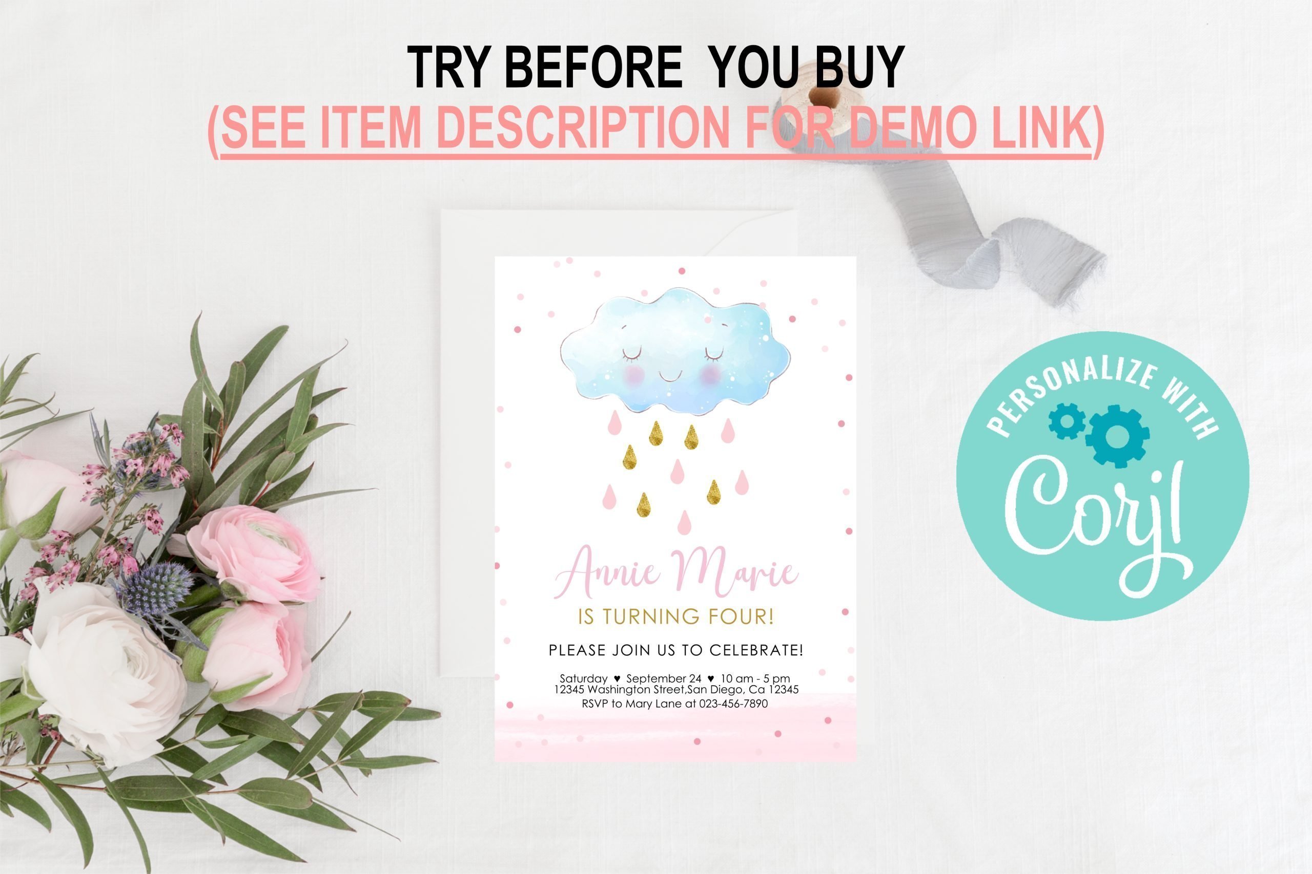 Birthday Invitations Editable Rain Cloud Birthday Invitation, Blue Pink Gold Raindrops, 5×7″ PRINTABLE, Corjl Template 5x7" PRINTABLE