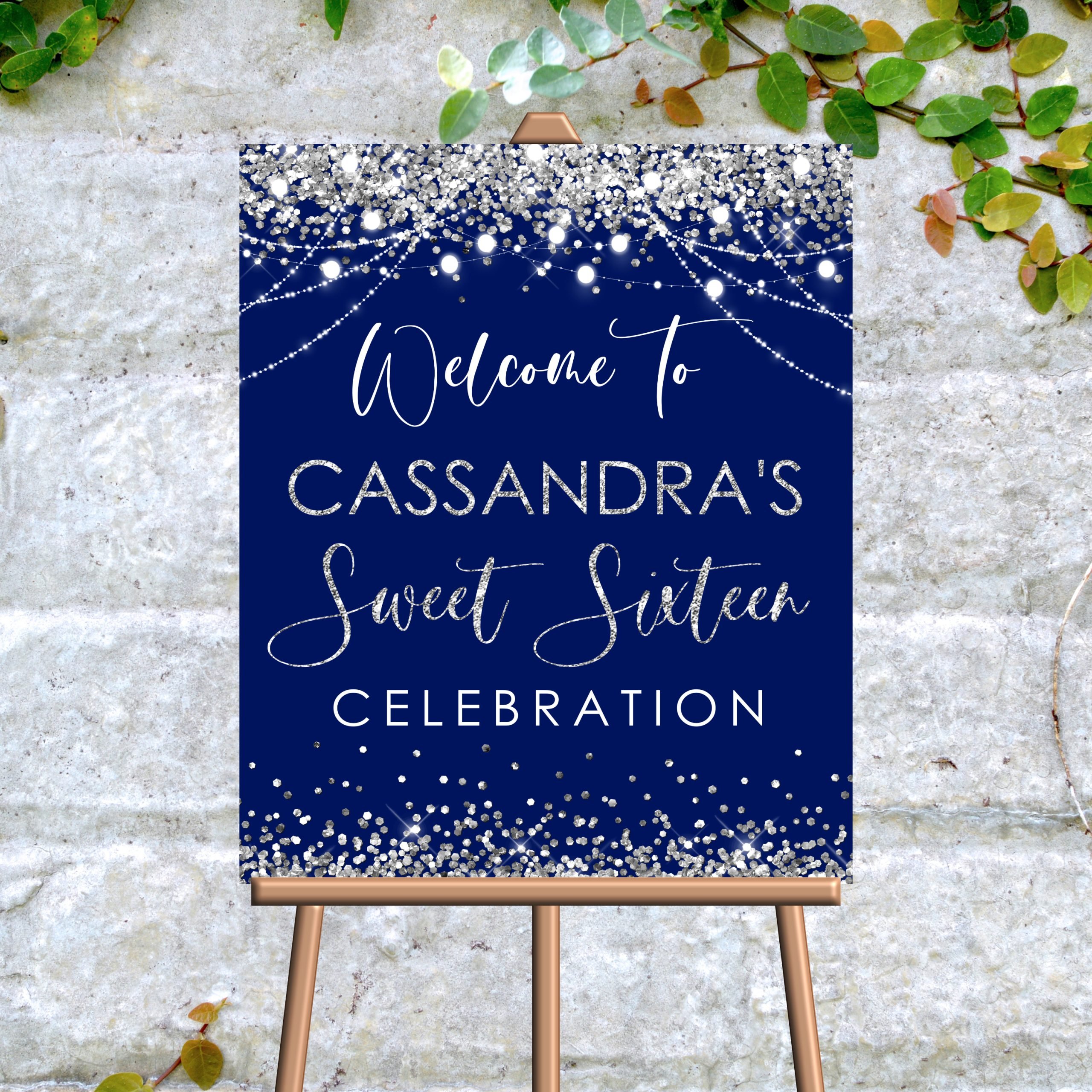 DECOR | SIGNS Editable Blue Silver Welcome Sign – Birthday Party Silver Glitter Decor Birthday Party Silver Glitter Decor