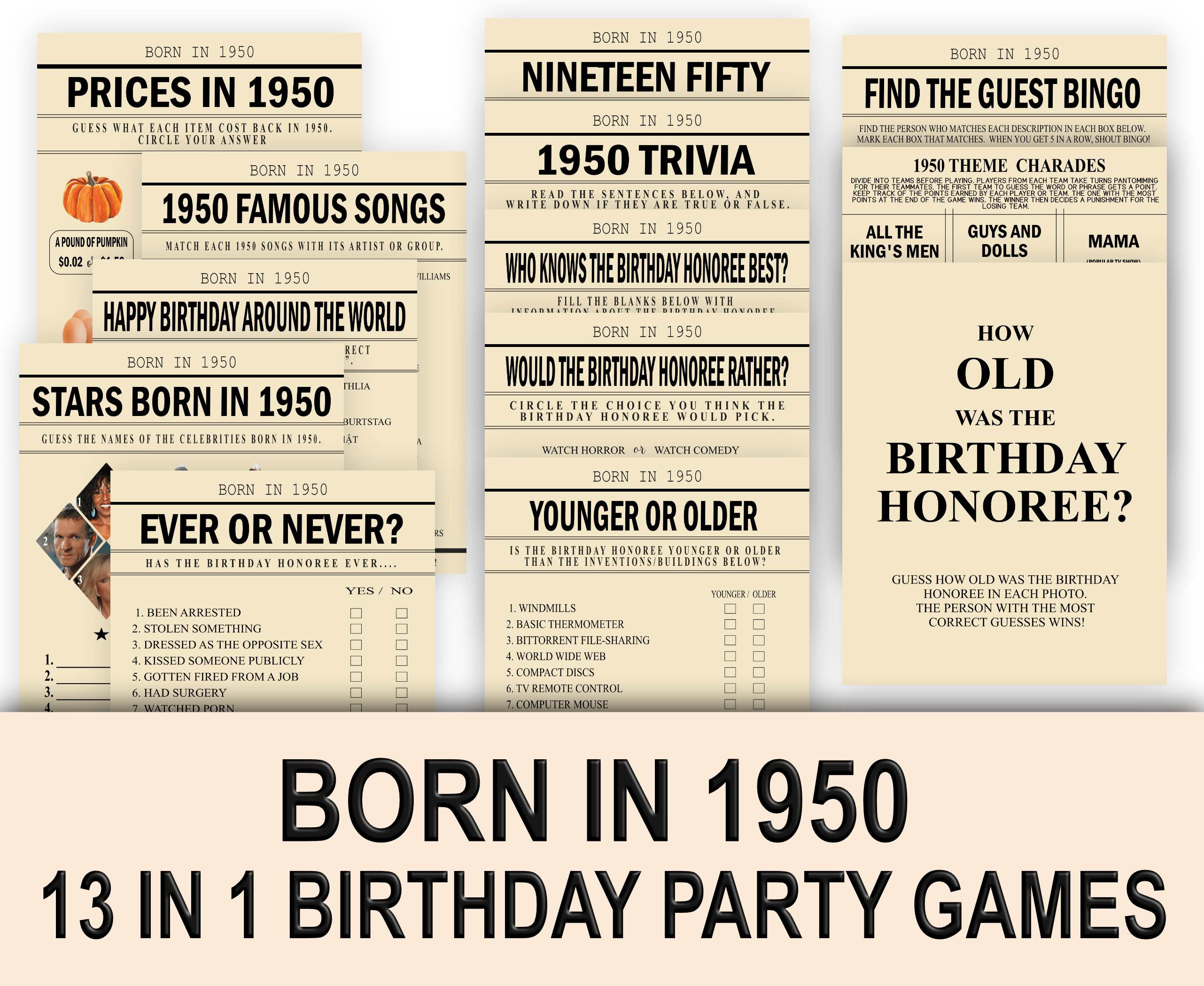 Birthday Games 72nd Birthday Party Games Printable Fun Birthday Game Bundle Born in 1950 Games : 72nd birthday