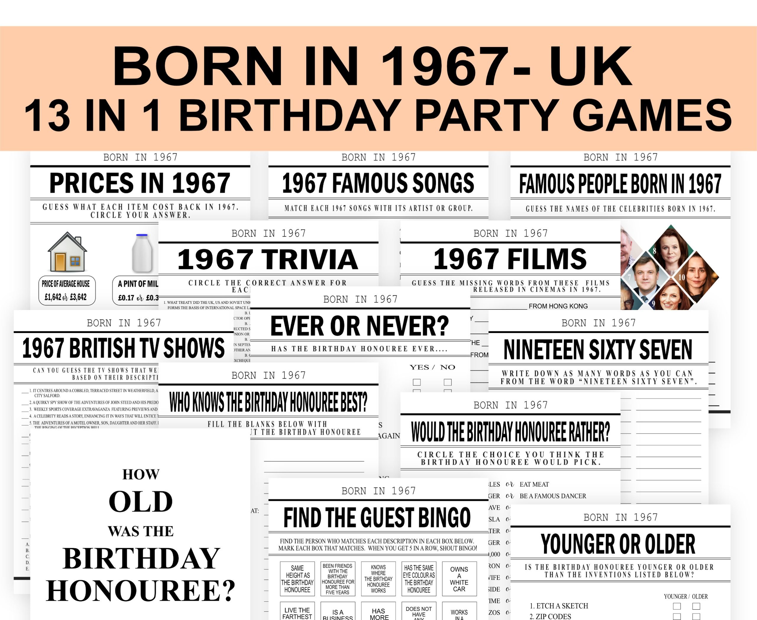 Birthday Games Born in 1967 Game Bundle , 56th Birthday Party Games Bundle, UK 1967 Trivia 56th Birthday Celebration