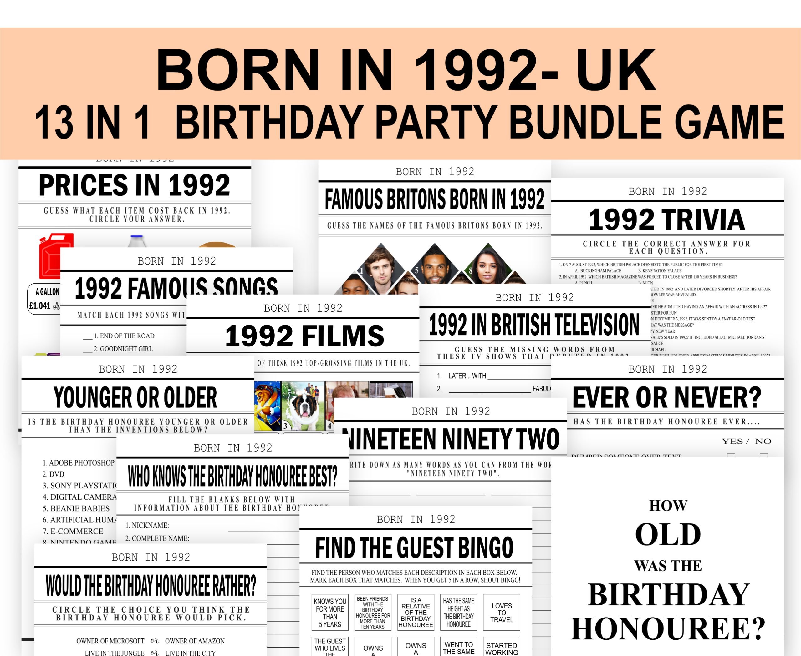 Birthday Games 31st Birthday Party Games Bundle – Born in 1992 Birthday Games UK British Trivia Fun – PRINTABLE Download 1992 Birthday Games