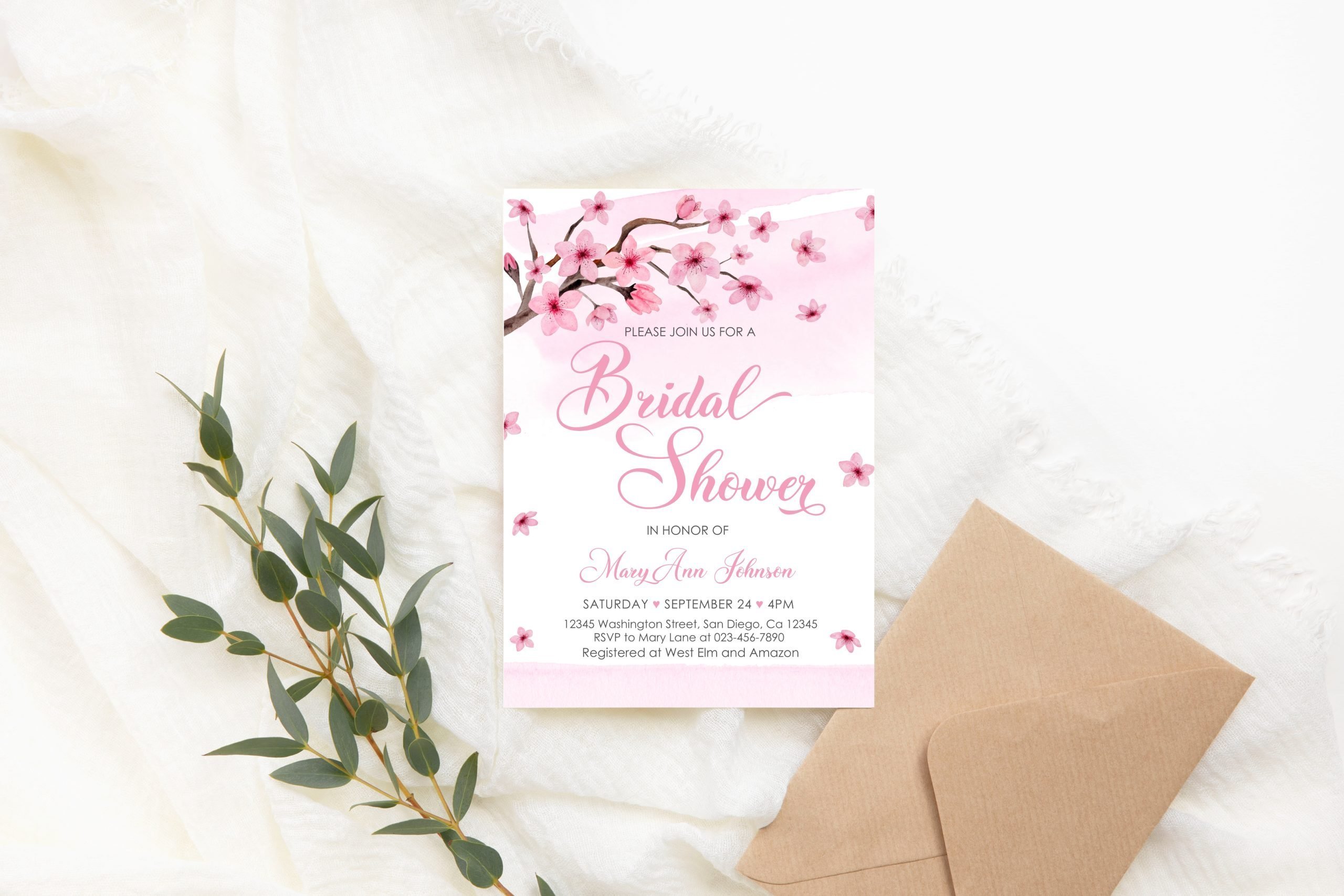 Bridal Shower Invitation Editable Cherry Blossom Bridal Shower Invitation – Pink Floral Invite – Japanese Flower – Corjl Template 5x7 Invitation