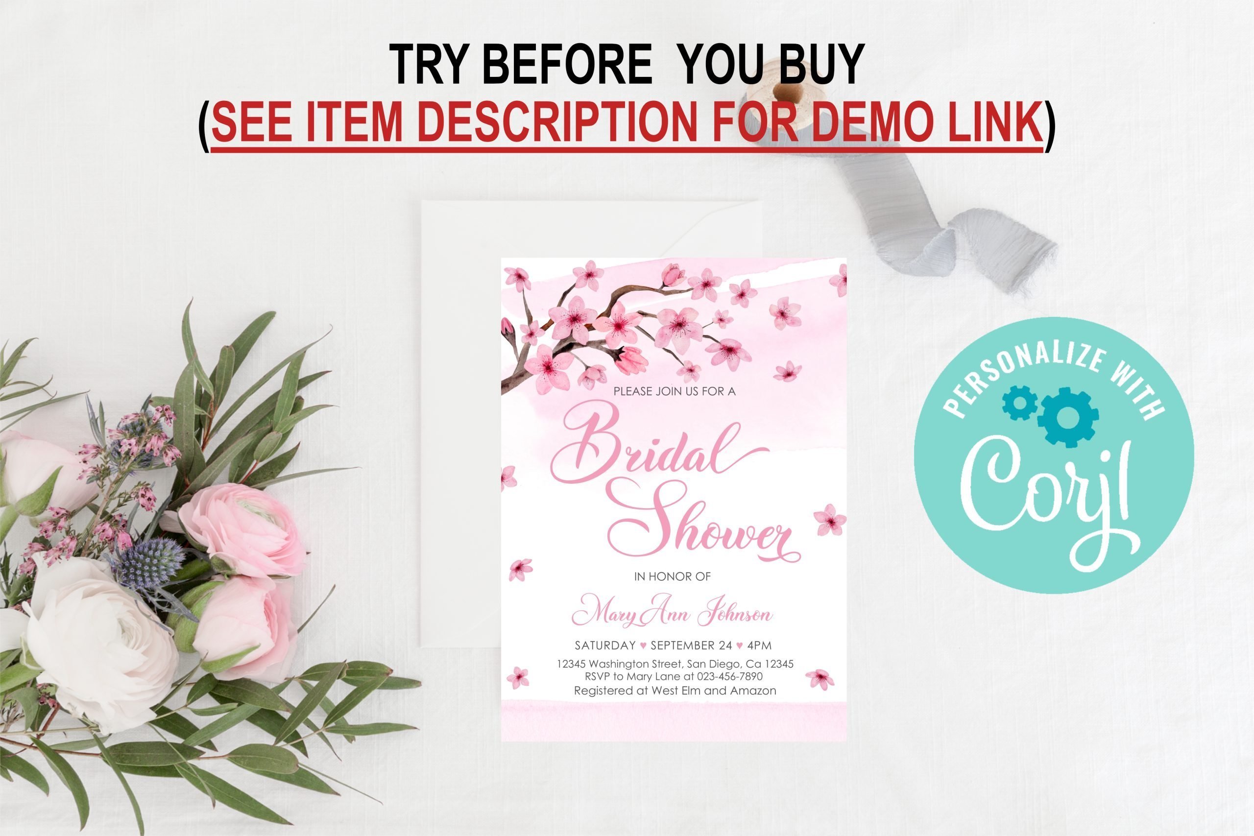 Bridal Shower Invitation Editable Cherry Blossom Bridal Shower Invitation – Pink Floral Invite – Japanese Flower – Corjl Template 5x7 Invitation