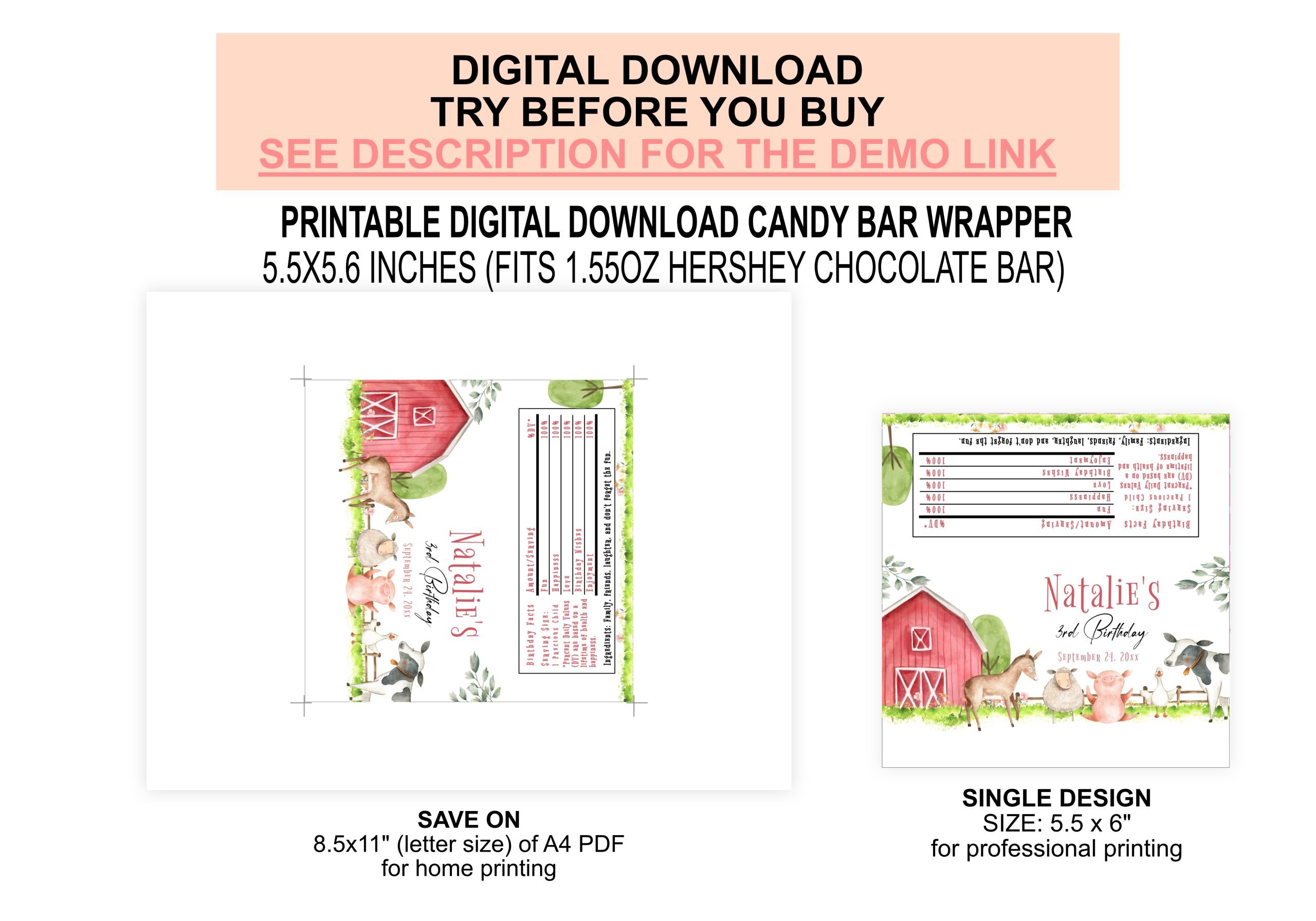 Candy Bar Wrapper Editable Farm Animals Birthday Candy Bar Wrapper template 5.5 x 5.6"