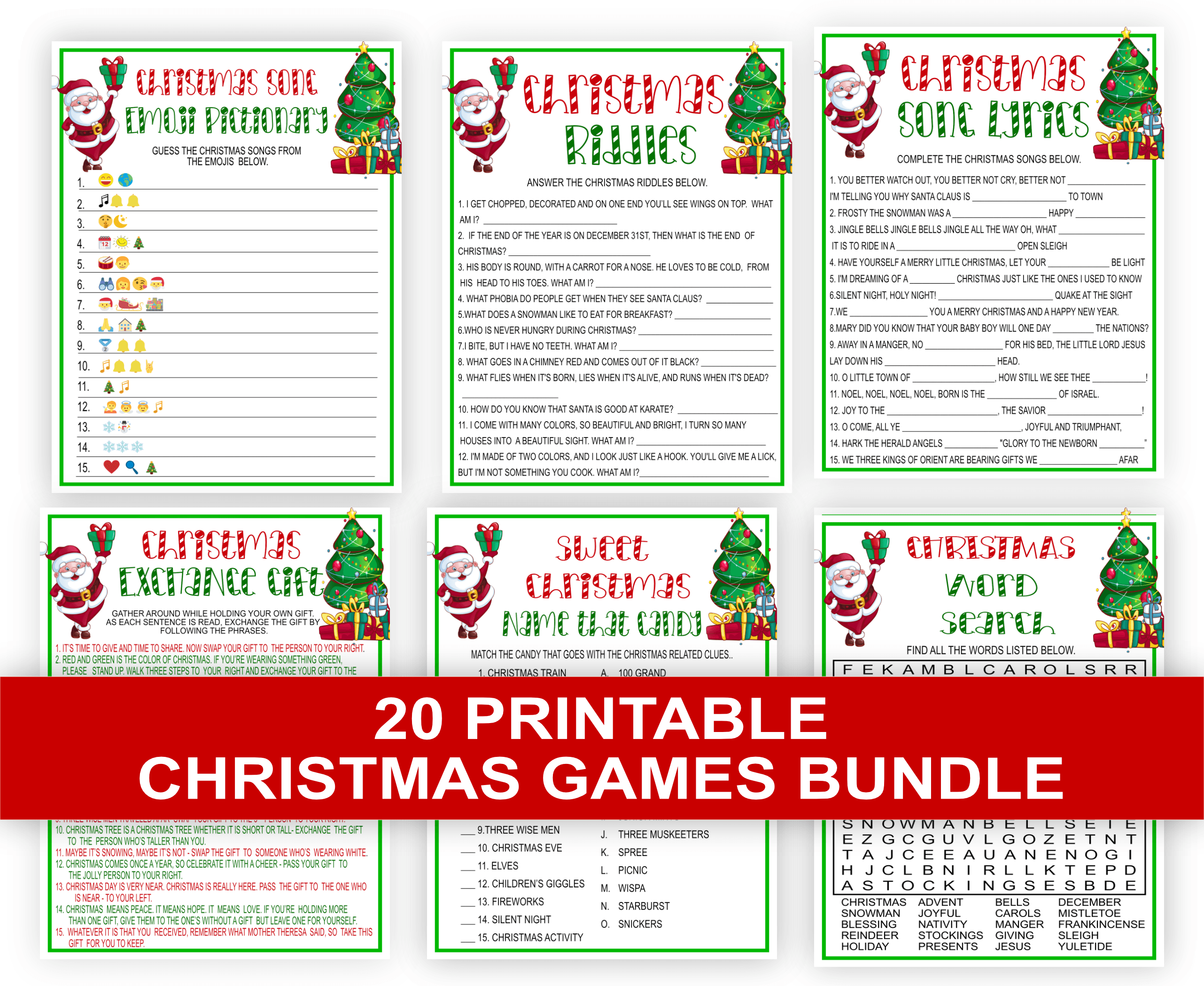 Christmas Christmas Games Bundle Pack – 20 Printable Games for Home, School, Work, and Office 20 games