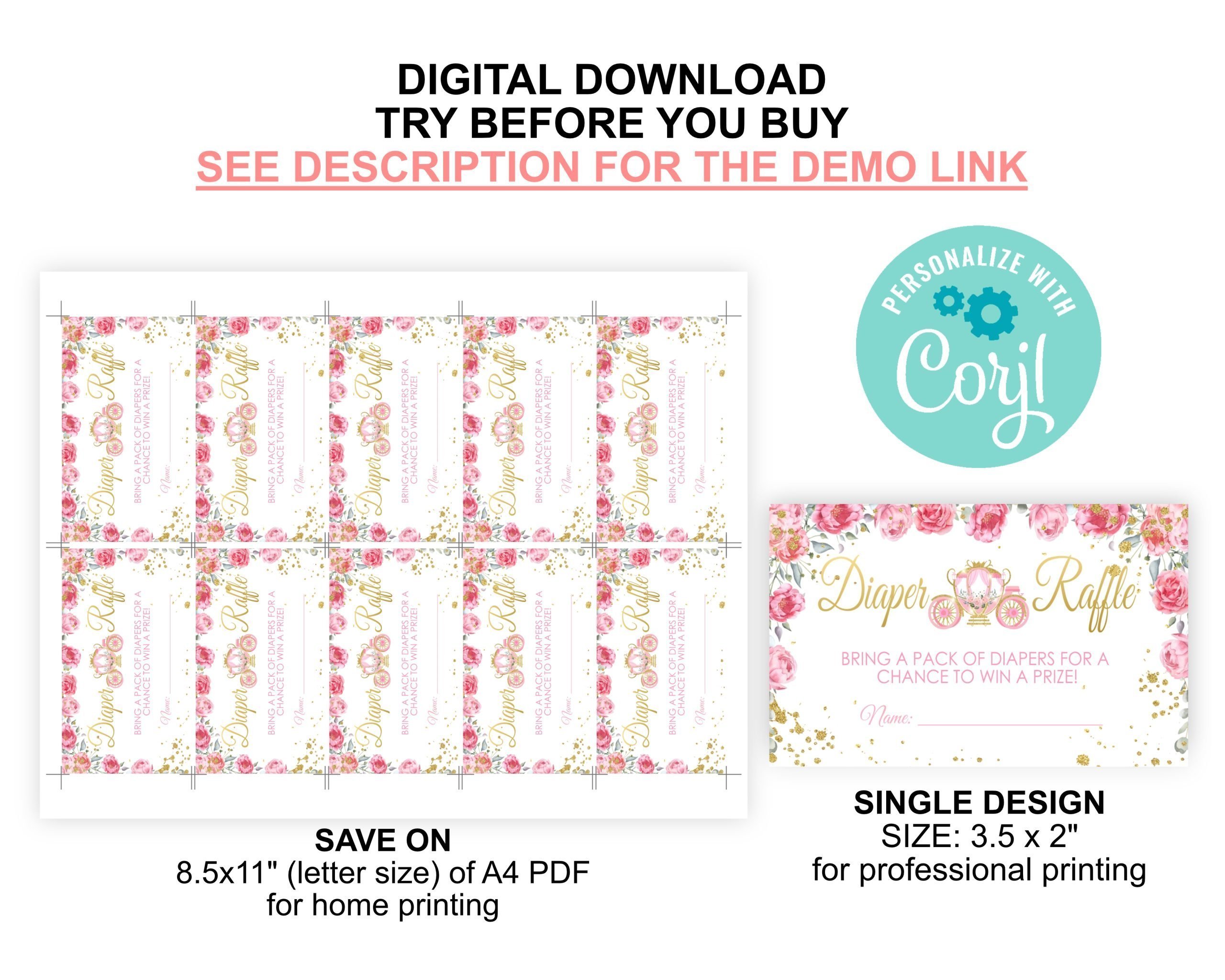 CARDS Editable Pink Princess Diaper Raffle Card, Baby Shower Invitation Insert Digital Download 3.5x2 Size