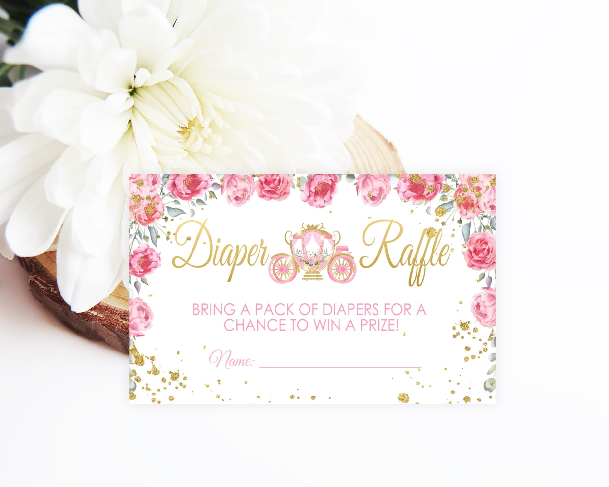 CARDS Editable Pink Princess Diaper Raffle Card, Baby Shower Invitation Insert Digital Download 3.5x2 Size