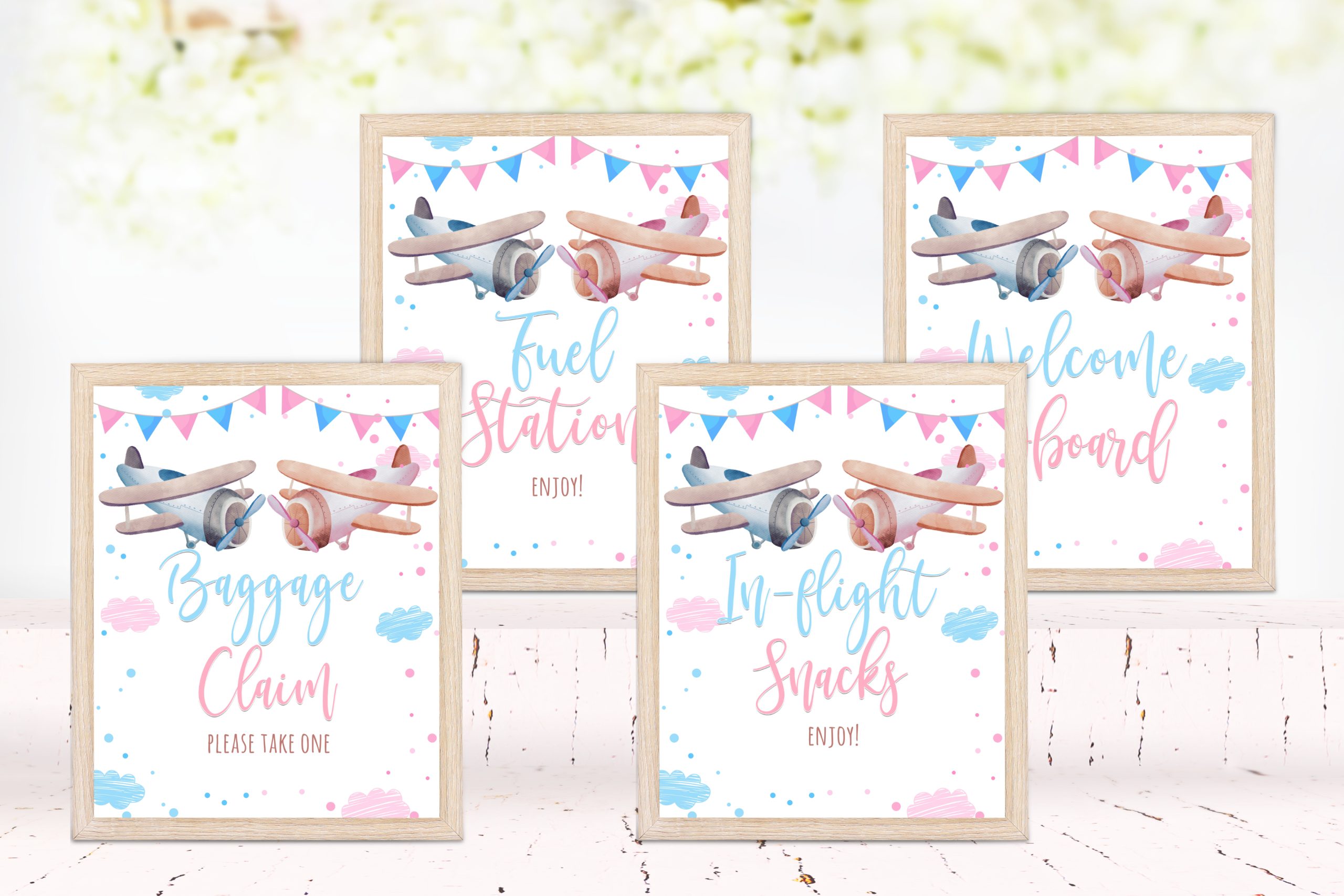 DECOR | SIGNS Editable Airplane Gender Reveal Bundle Signs – Pink Blue Airplane Theme Gender Reveal