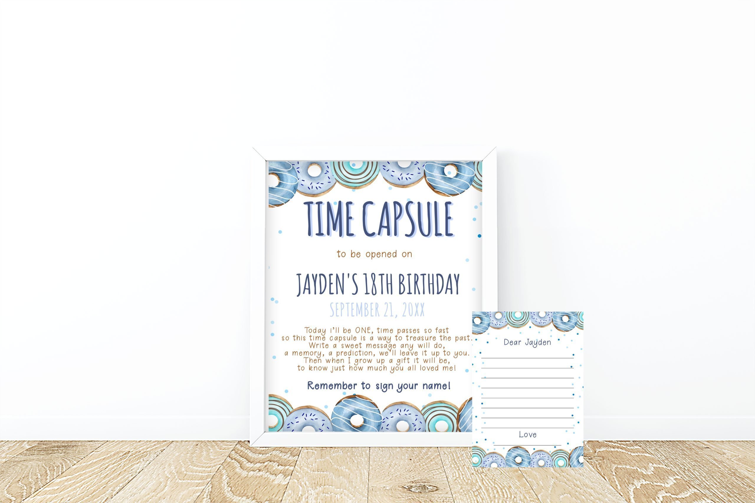 DECOR | SIGNS Editable Donut Time Capsule Sign and Note Card, Blue Donut Time Capsule Keepsake, 1st Birthday First Birthday Time Capsule Card, PRINTABLE Boy 1st Birthday Time Capsule Ideas