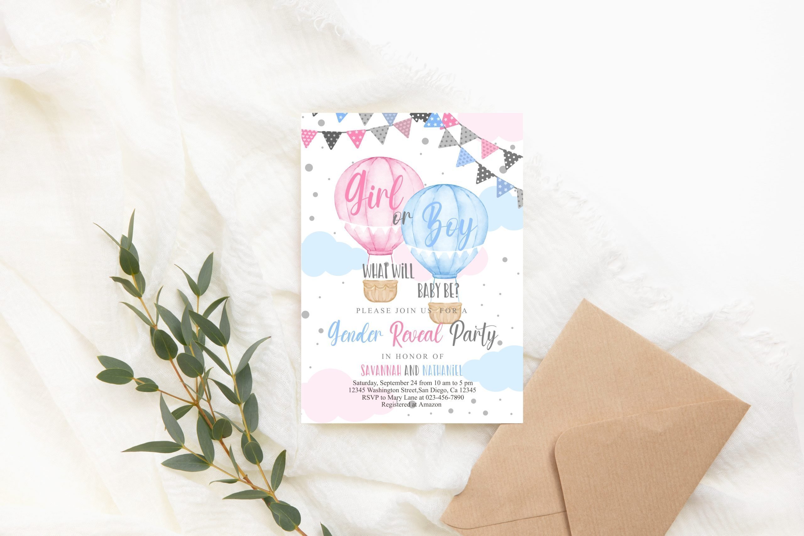 Gender Reveal Invitation Editable Hot Air Balloon Gender Reveal Invitation – Pink and Blue Hot Air Balloon Party Invite Corjl Template 5x7 Invitation Size