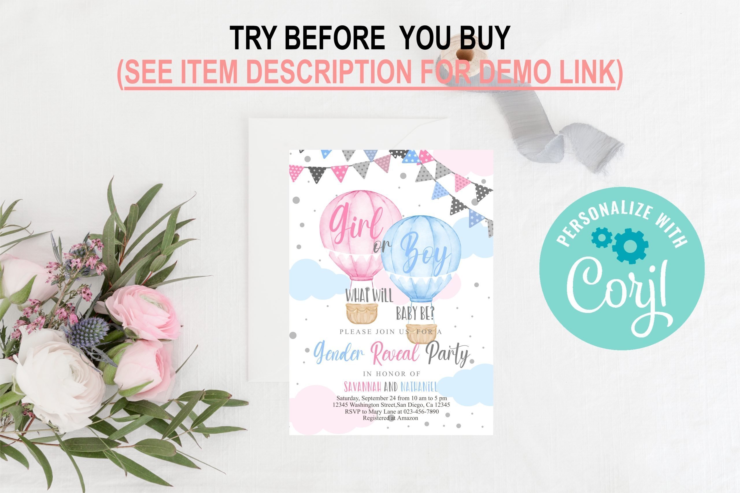 Gender Reveal Invitation Editable Hot Air Balloon Gender Reveal Invitation – Pink and Blue Hot Air Balloon Party Invite Corjl Template 5x7 Invitation Size