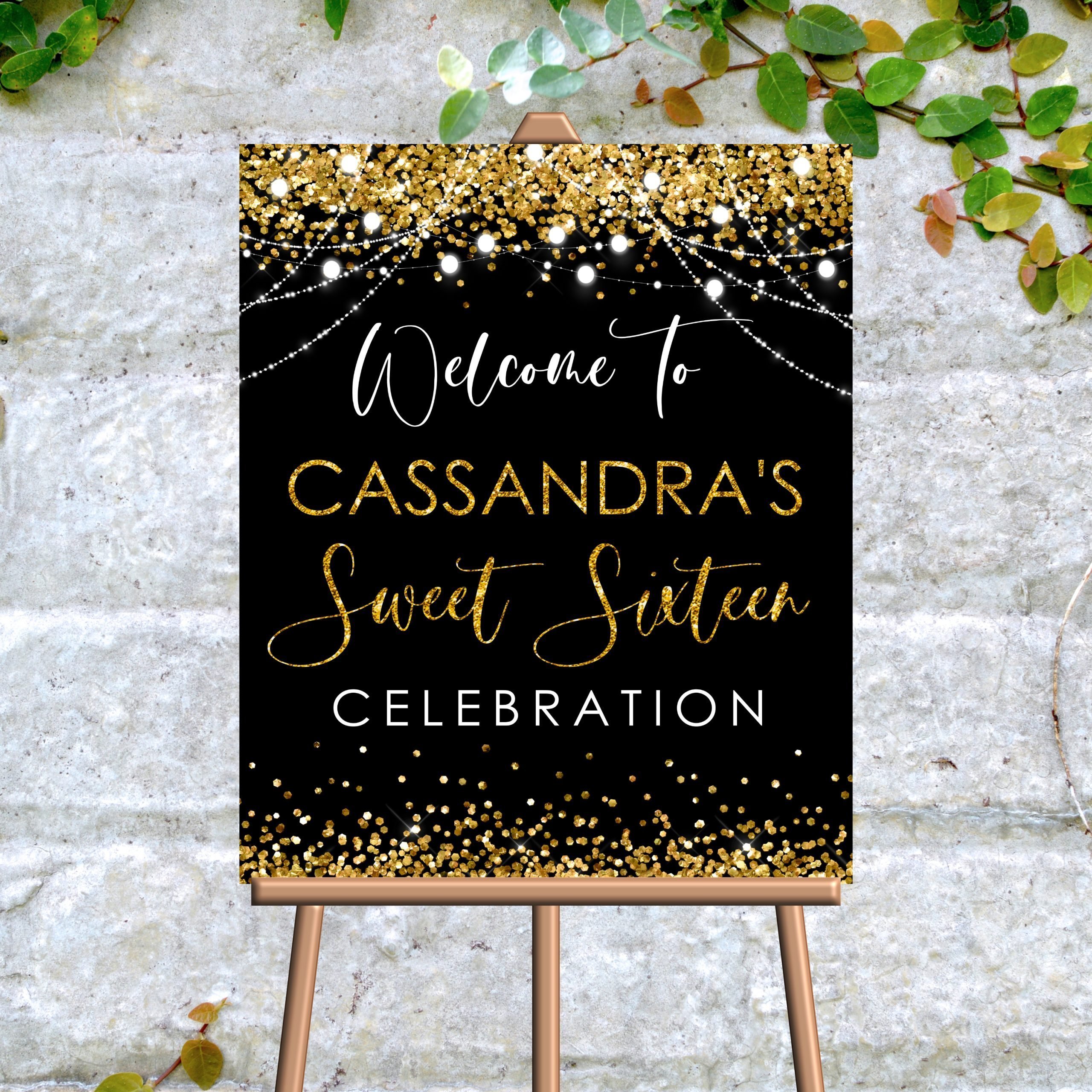 DECOR | SIGNS Editable Gold Black Welcome Sign – Birthday Party Gold Glitter Decor Birthday Party Gold Glitter Decor