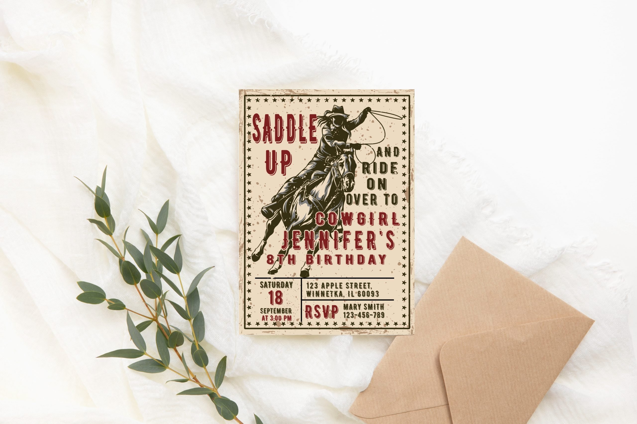 Birthday Invitations Editable Rodeo Girl Birthday Invitation – Rustic Cowgirl Theme – PRINTABLE Corjl Template 5x7 Invitation Size