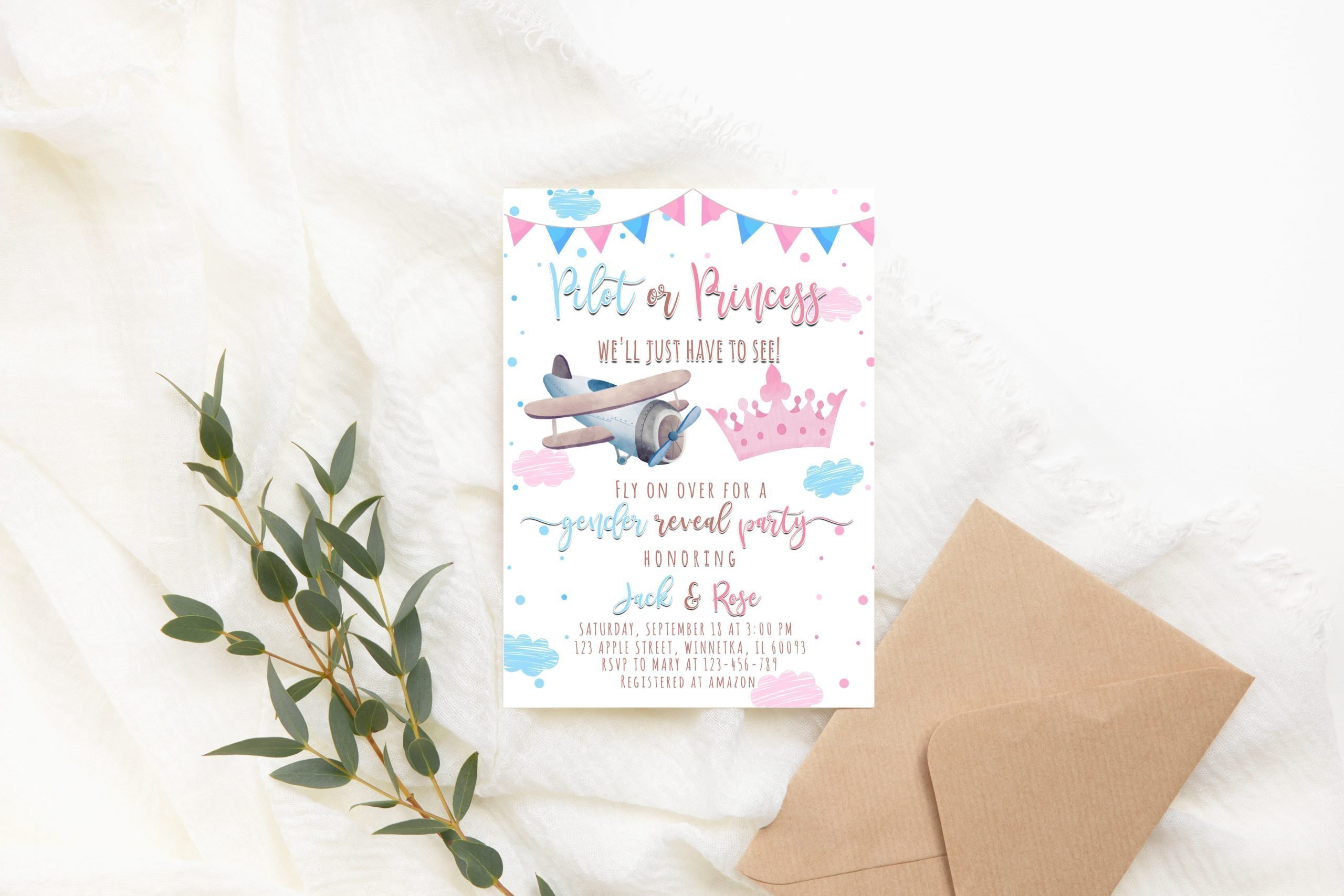 Birthday Invitations Editable Pilot or Princess 5×7″ Invitation | Gender Reveal or Birthday Party | Pink Crown & Blue Airplane 5x7 Invitation Size