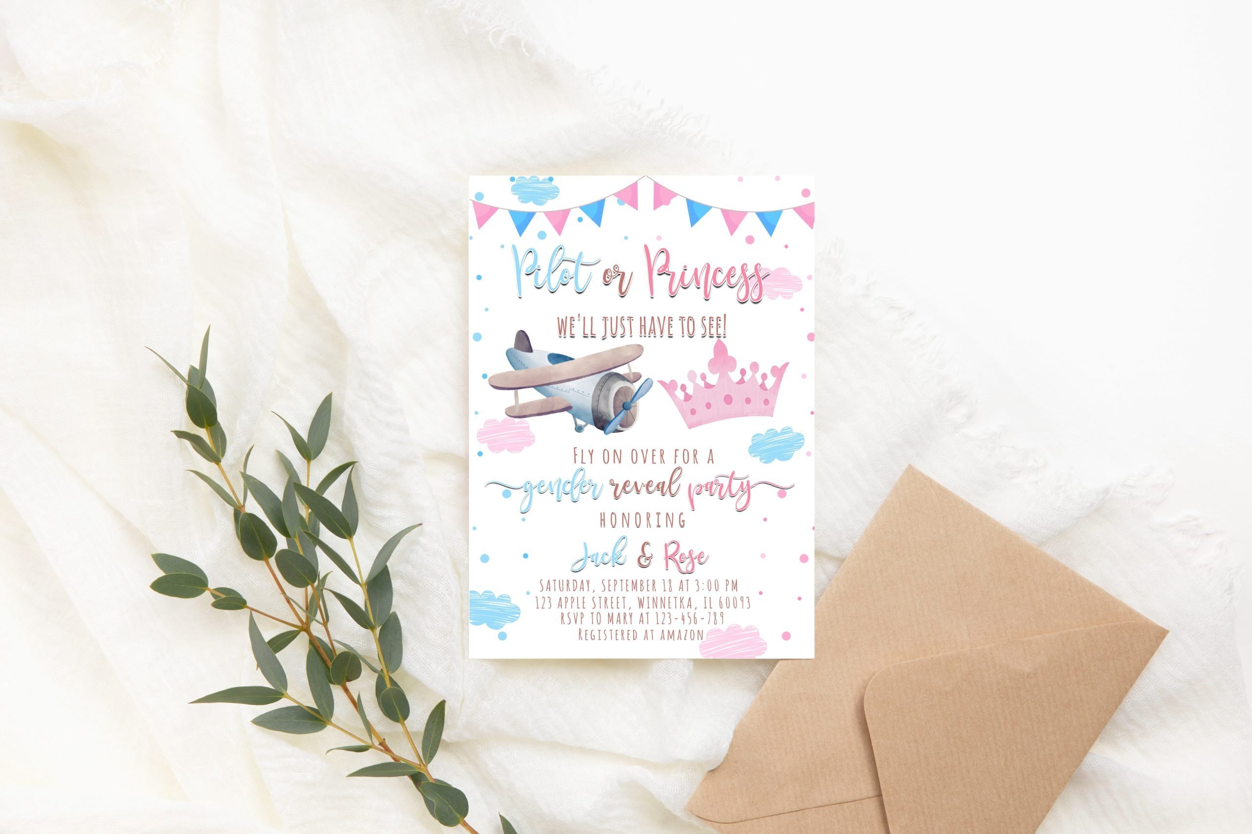 Gender Reveal Invitation Editable Airplane Gender Reveal Party Invitation – Pink Blue Clouds Airplane Gender Reveal Invitation