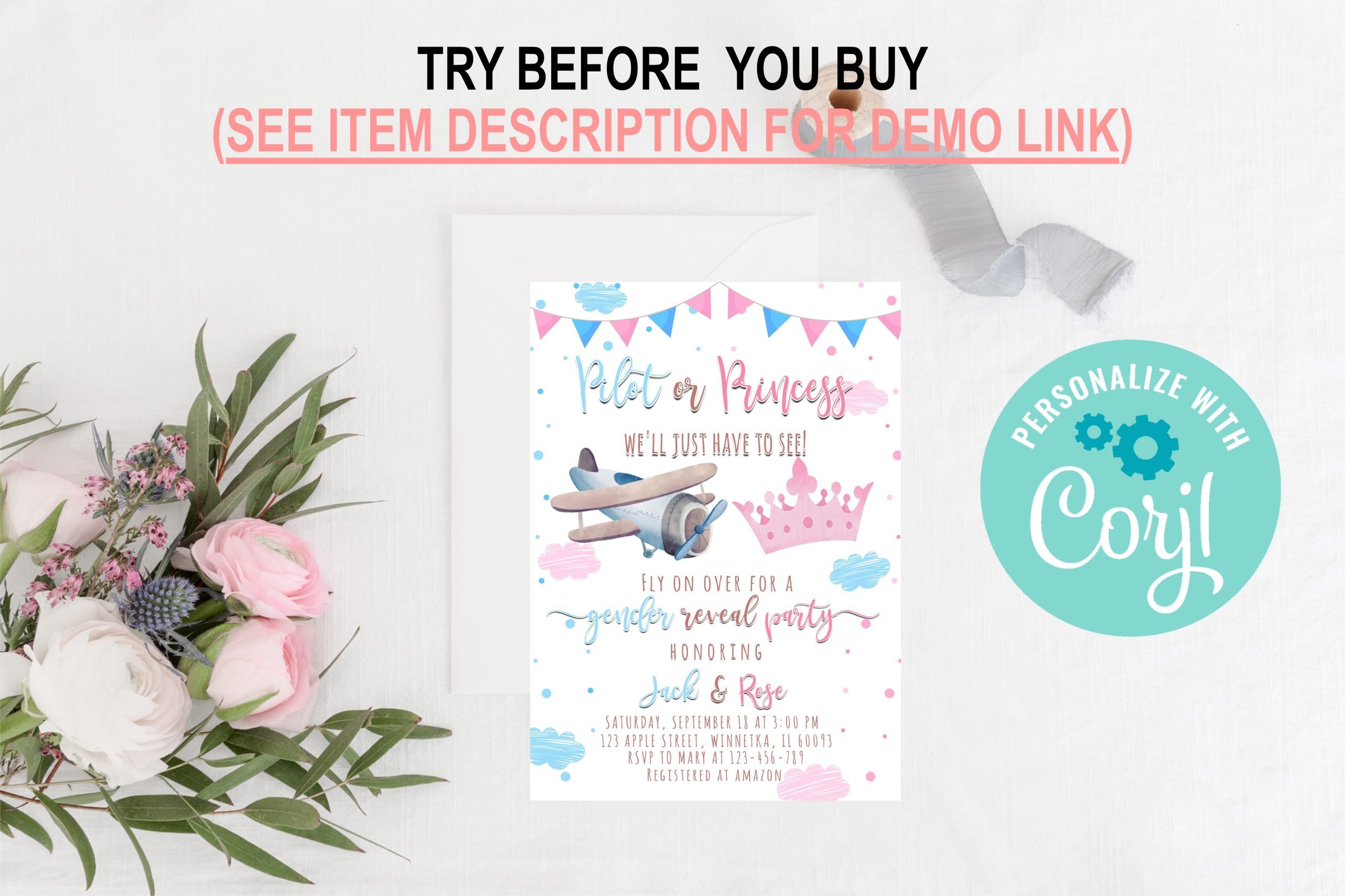 Gender Reveal Invitation Editable Airplane Gender Reveal Party Invitation – Pink Blue Clouds Airplane Gender Reveal Invitation