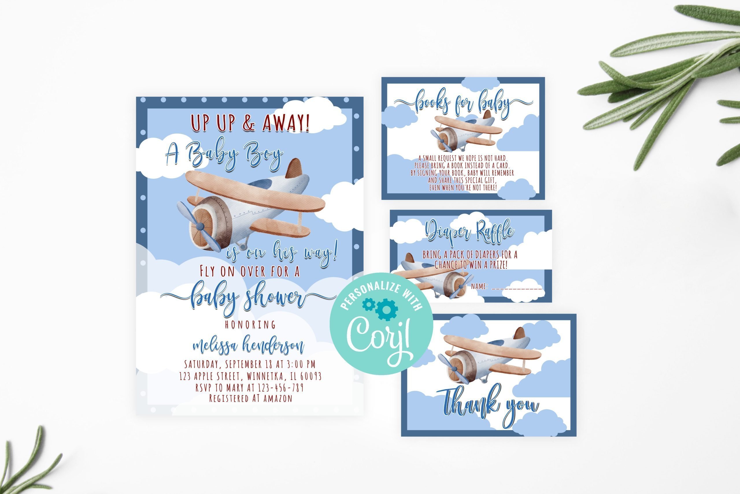 Baby Shower Invitation / Set Editable Airplane Baby Shower Invitation Set – Blue Airplane Theme Airplane Baby Shower Theme