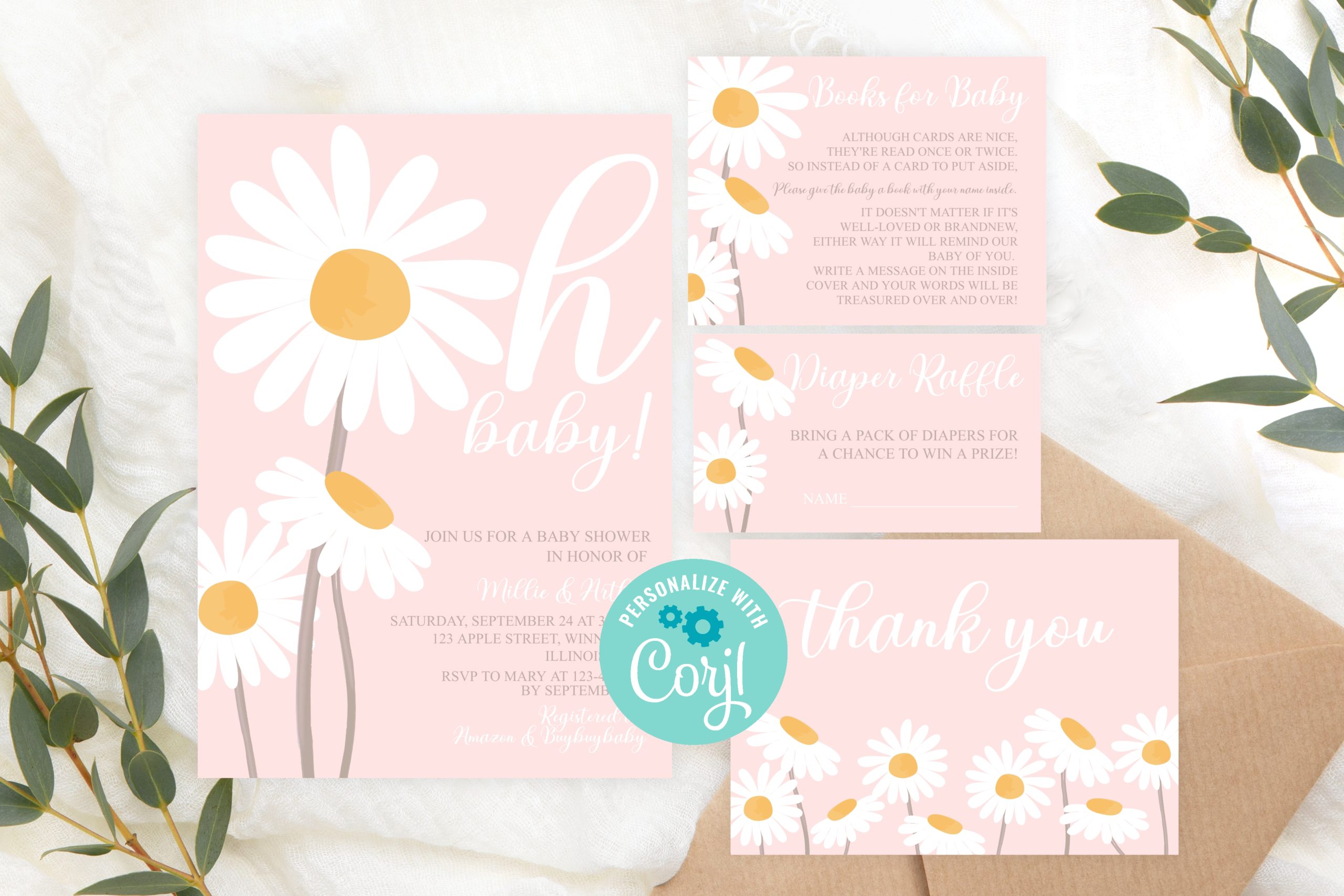 Baby Shower Invitation / Set Editable Daisy Baby Shower Invitation Set with Daisy Floral Design, Diaper Raffle, Thank You Card, and Books for Baby Card Baby Shower Diaper Raffle Card