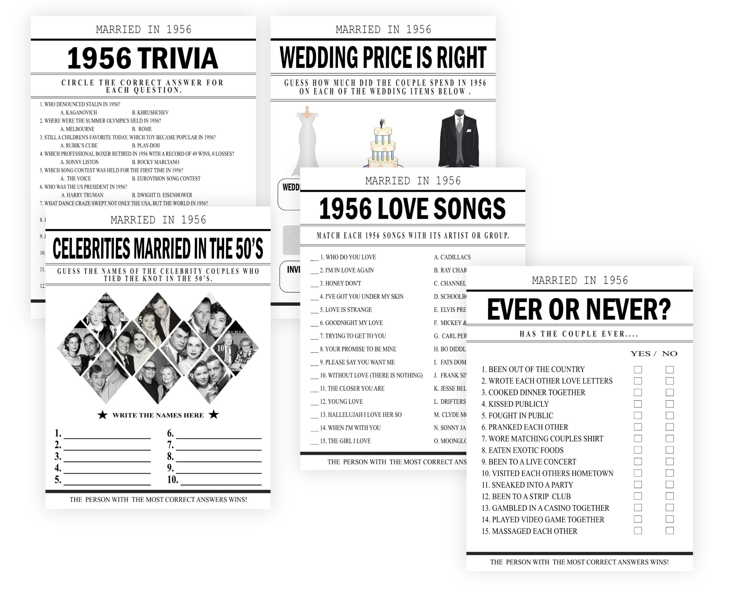 Anniversary Games Married in 1956 Wedding Anniversary Games Bundle – Printable 1956 Anniversary Games