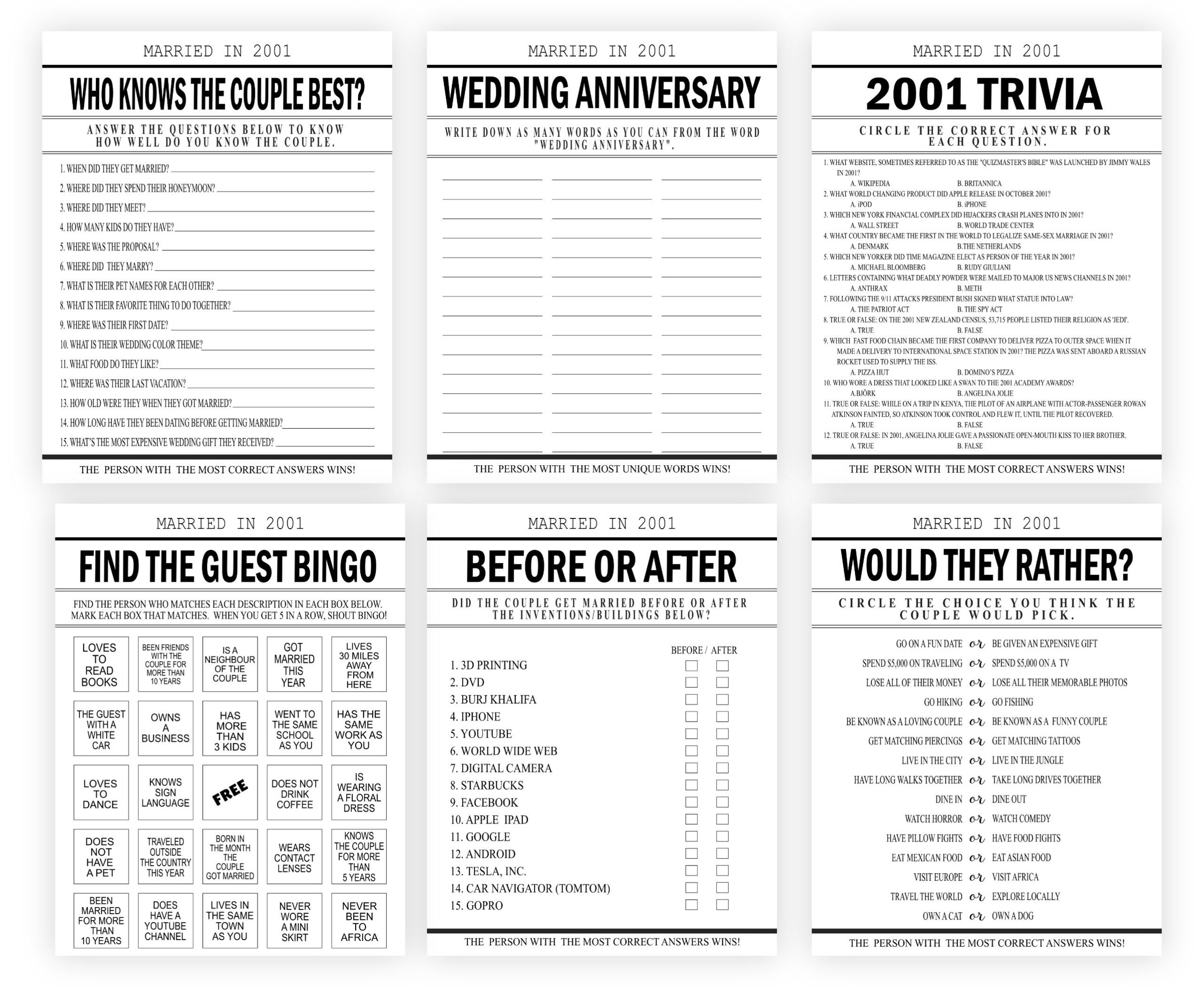 Anniversary Games Married in 2001 Wedding Anniversary Games Bundle anniversary_activity