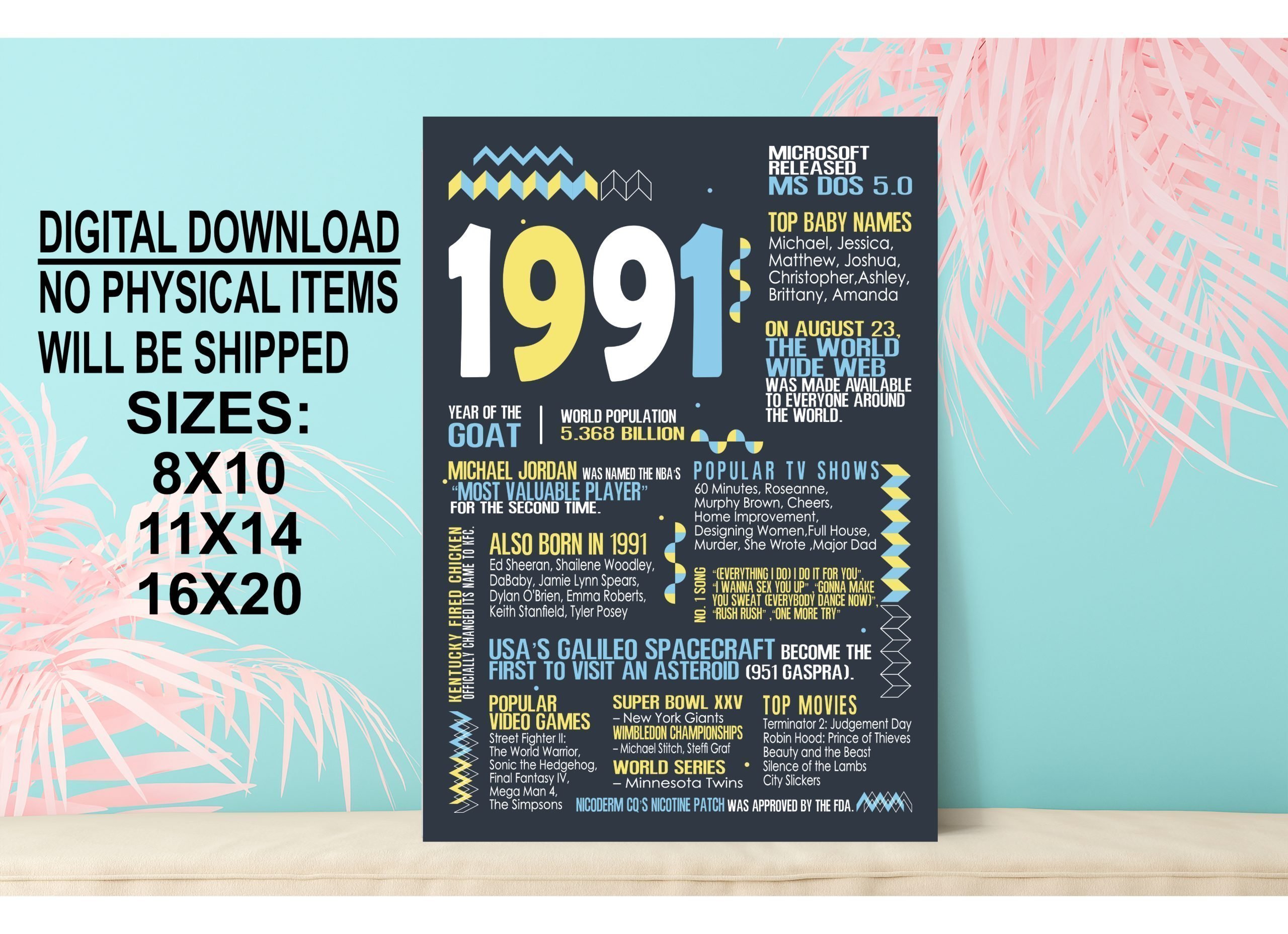 Birthday Posters 1991 Birthday Poster Sign | Anniversary | Minimalist Gift Idea PRINTABLE 11x14"