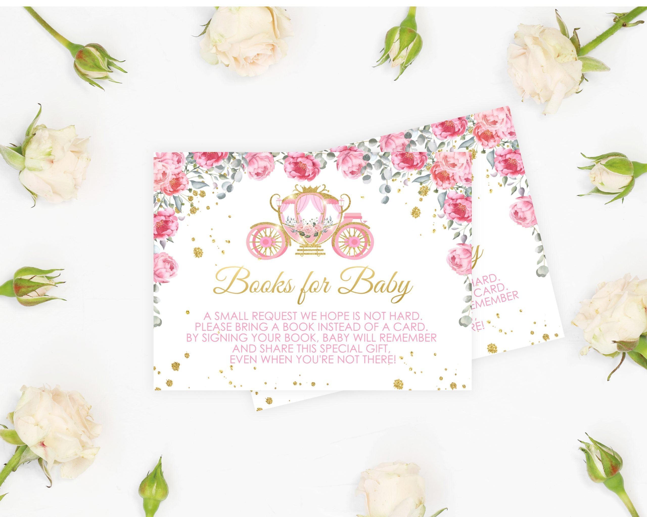 Books for Baby Cards Editable Pink Gold Princess Books for Baby Invitation Insert 4x3 Size