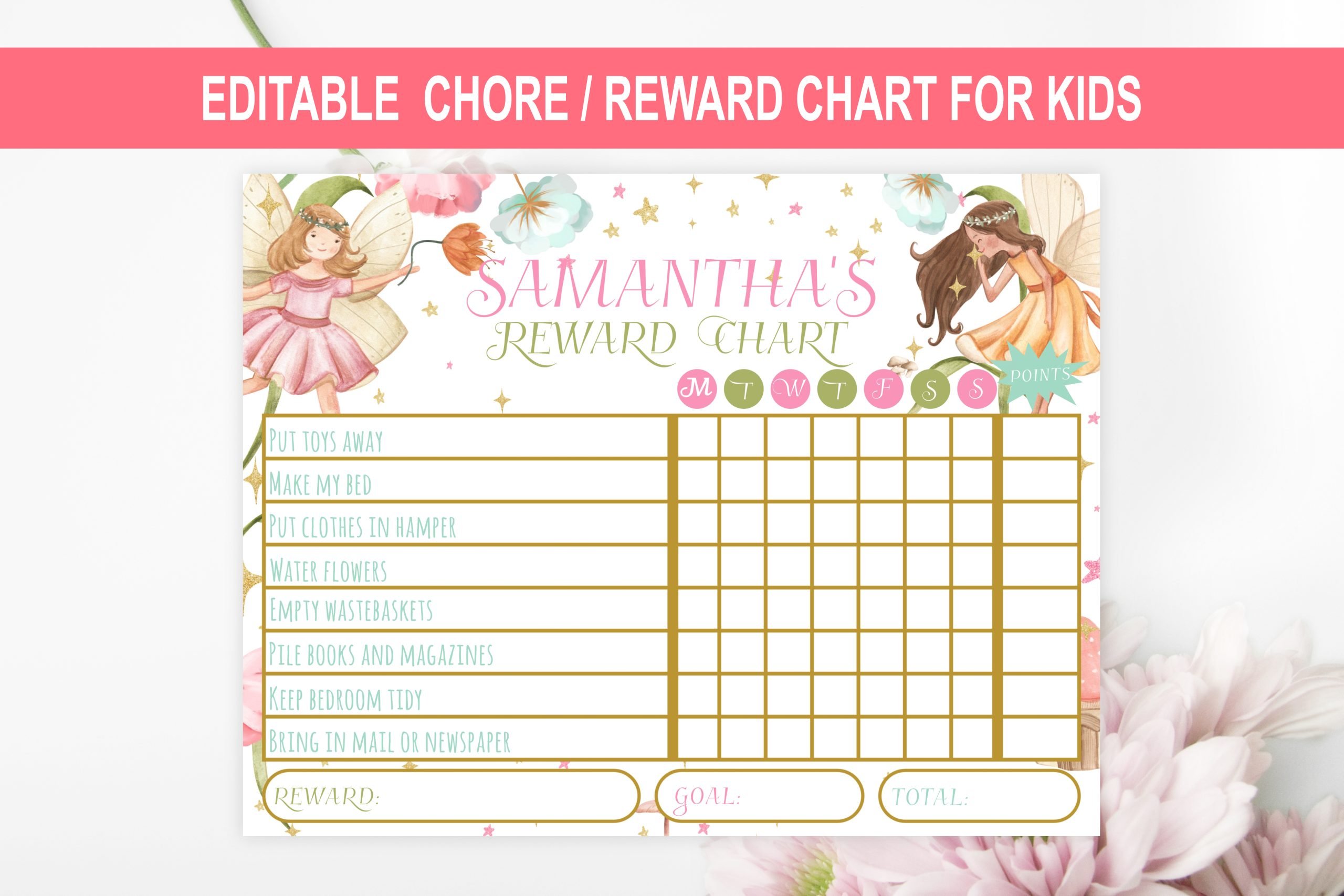 KIDS | SCHOOL GAMES Editable Fairy Reward Chart for Girls – Printable and Personalized Chore Chart Template chore chart for kids