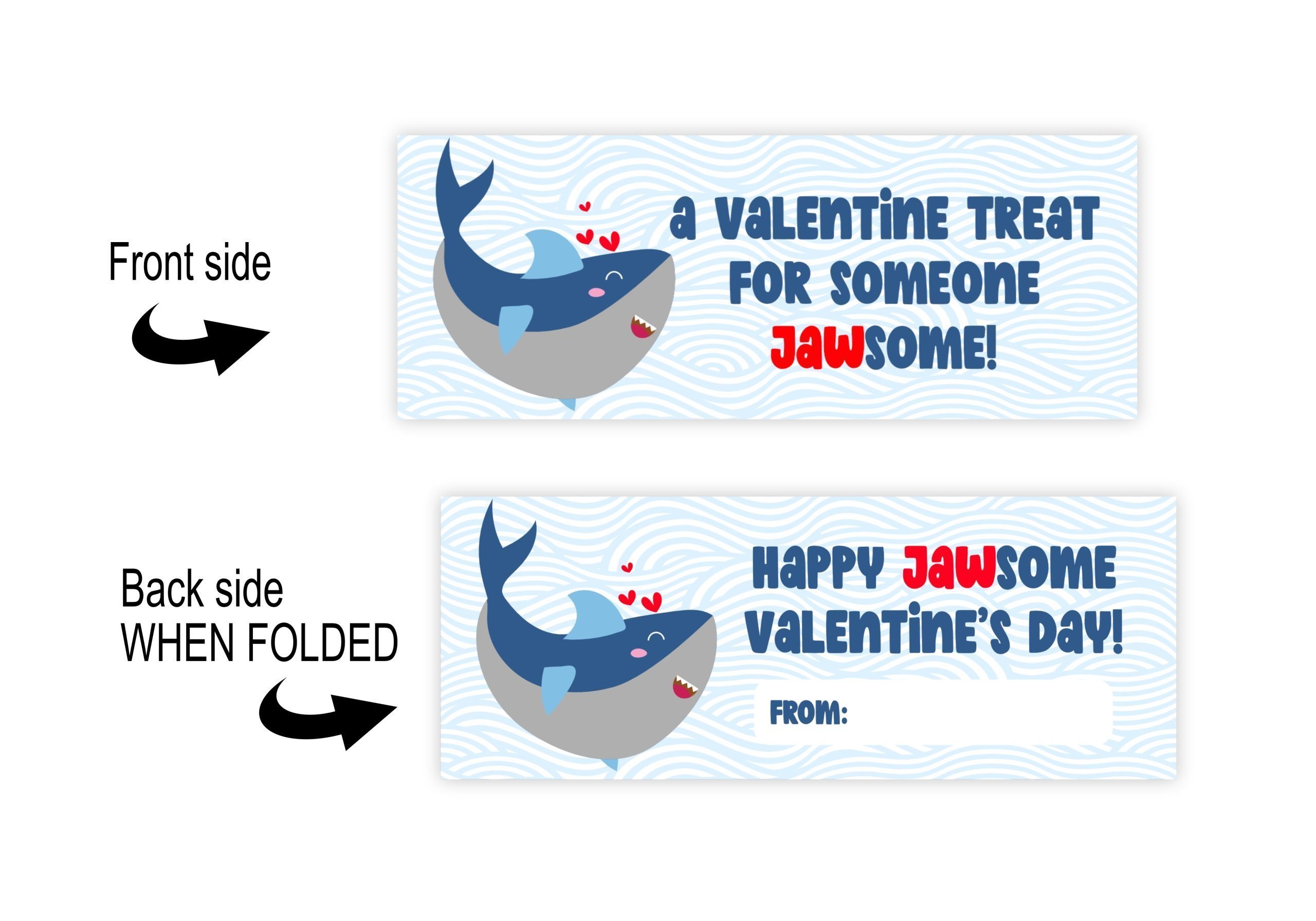 TAGS | LABELS Shark Valentine’s Day Treat Bag Topper Classroom Favor Bag, Goody Bag Topper, Kid’s Treat Bag, Shark Theme, PRINTABLE 4.5x2" version