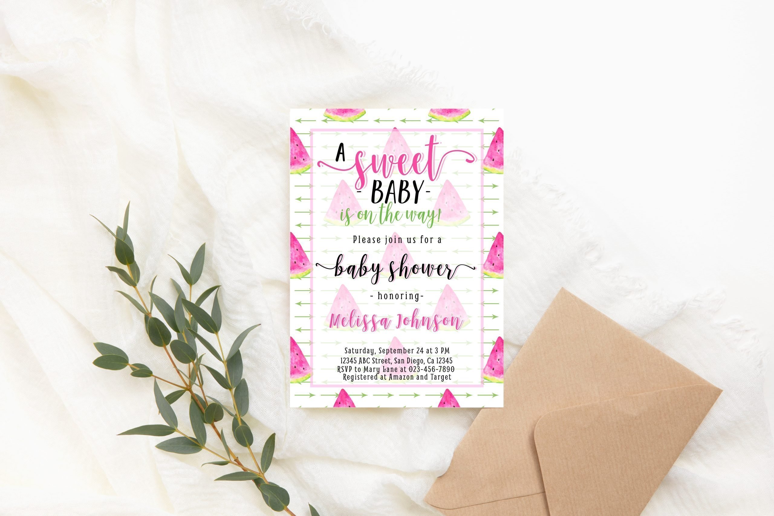 Baby Shower Invitation / Set Editable Watermelon Baby Shower Invitation – A Sweet Baby is on the Way – PRINTABLE Corjl Template – 5×7″ A Sweet Baby is on the Way