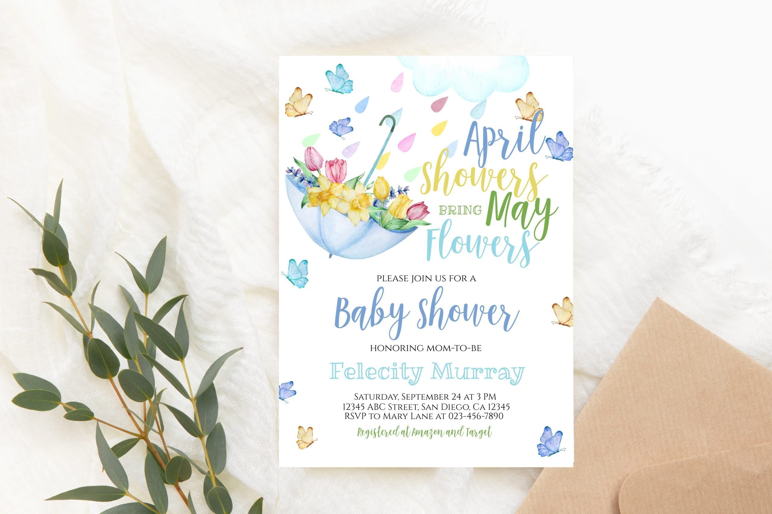 Baby Shower Invitation / Set Editable April Showers May Flowers Invitation – Boy Blue Umbrella 5x7 Invitation Size