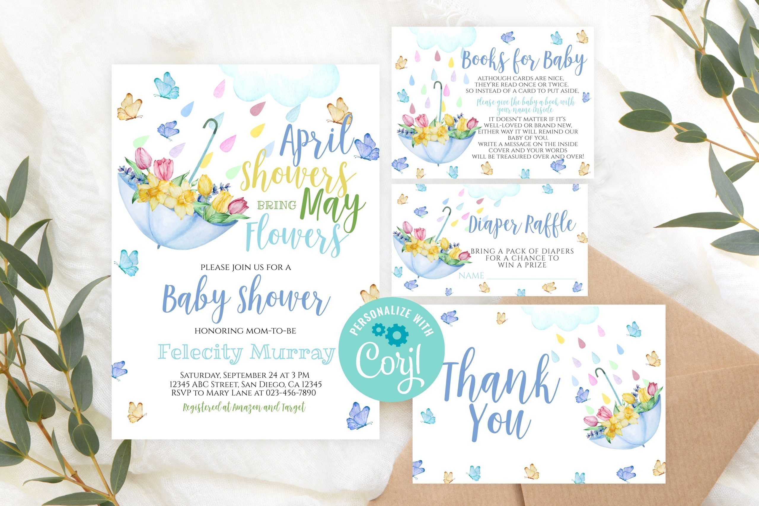 Baby Shower Invitation / Set Editable April Showers Baby Shower Invitation Set – Blue Umbrella Blue Umbrella Theme