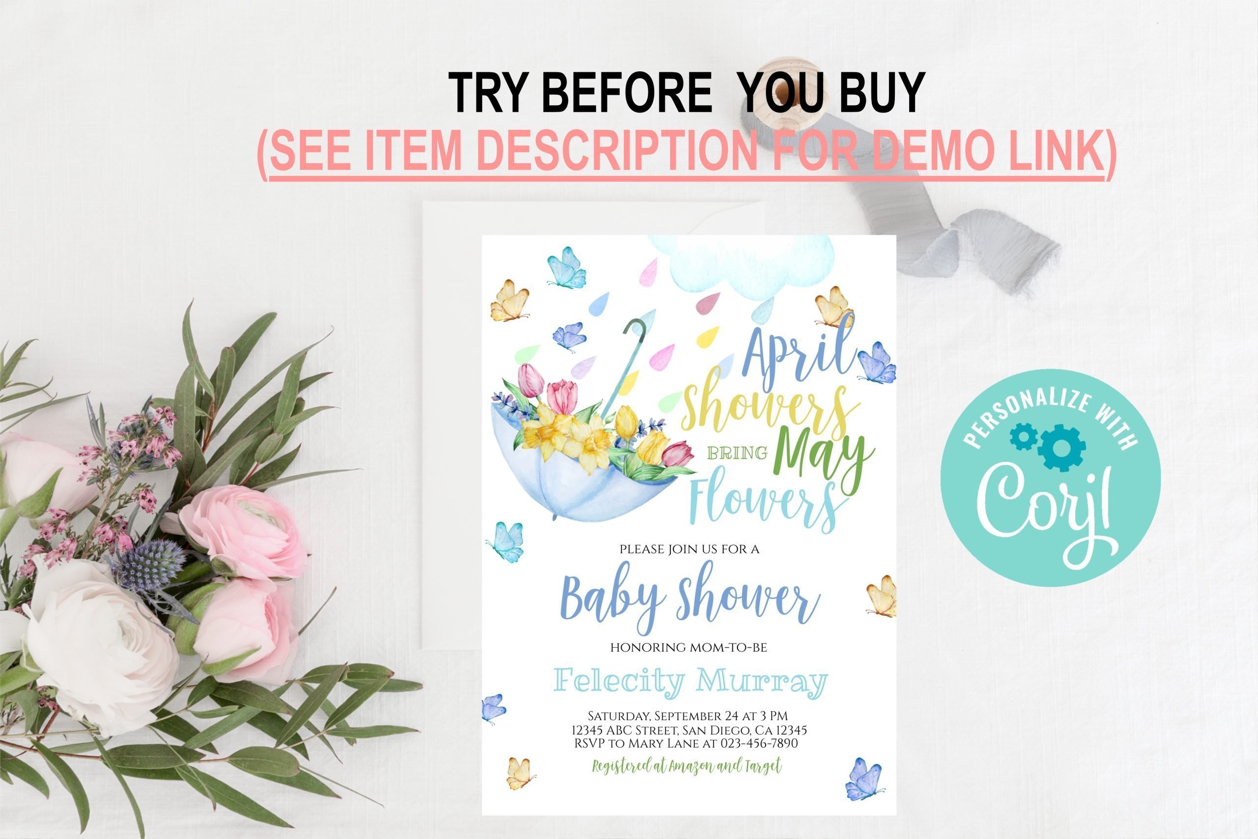 Baby Shower Invitation / Set Editable April Showers Baby Shower Invitation Set – Blue Umbrella Blue Umbrella Theme