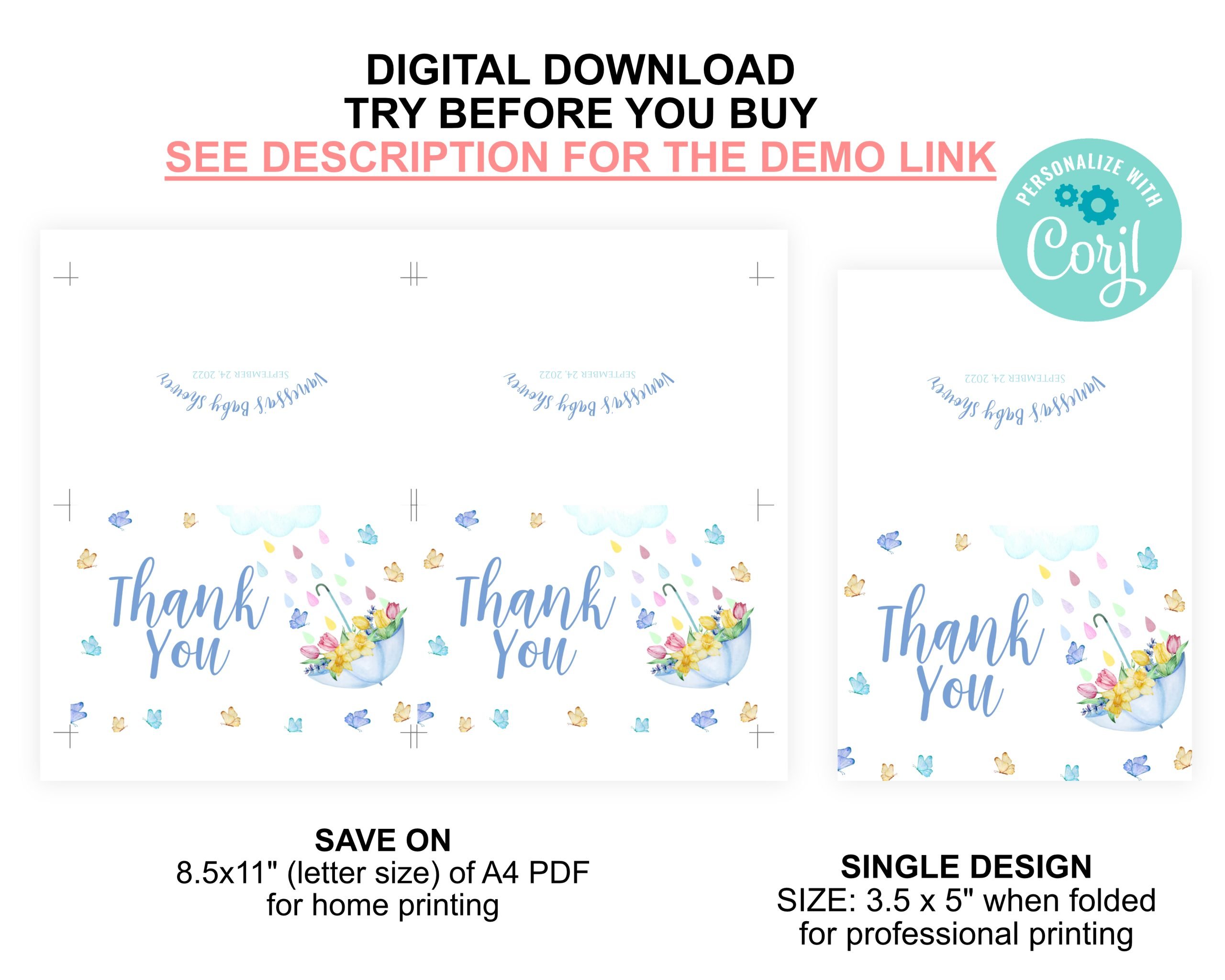 Baby Shower Invitation / Set Editable April Showers Baby Shower Invitation Set – Blue Umbrella Blue Umbrella Theme