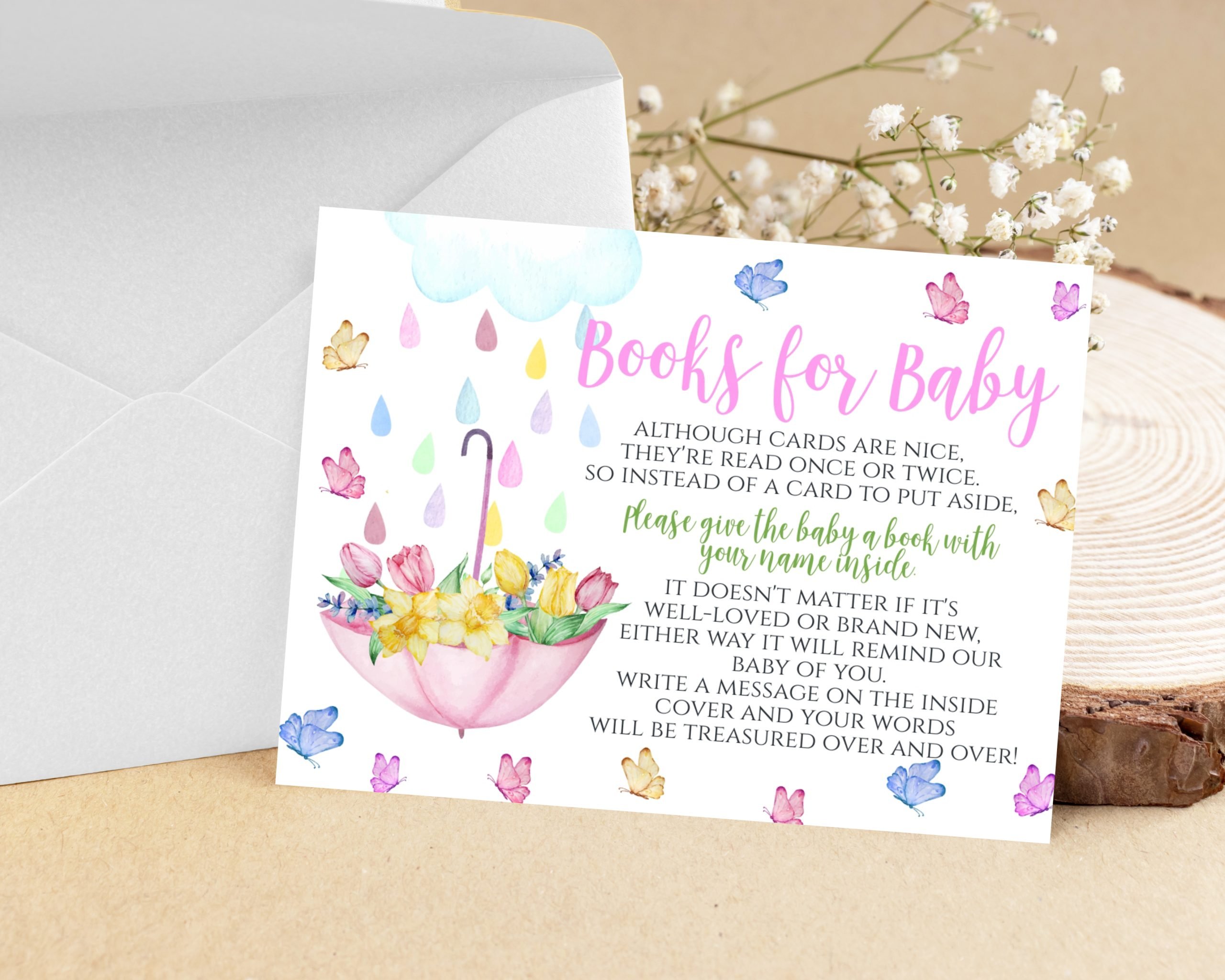 Baby Shower Invitation / Set Editable April Showers Baby Shower Invitation and Stationery Set – Pink Girl Umbrella Books for Baby Card