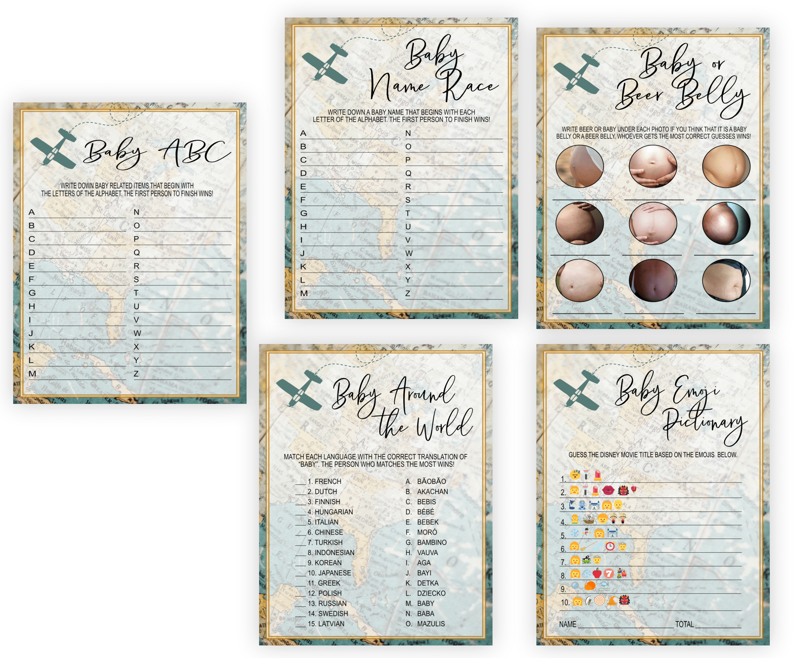 Baby Shower Games 22 Games Travel Baby Shower Games Bundle Set, Printable, Adventure Theme, Airplane, Vintage Rustic 22 Games Travel Baby Shower Games Bundle Set