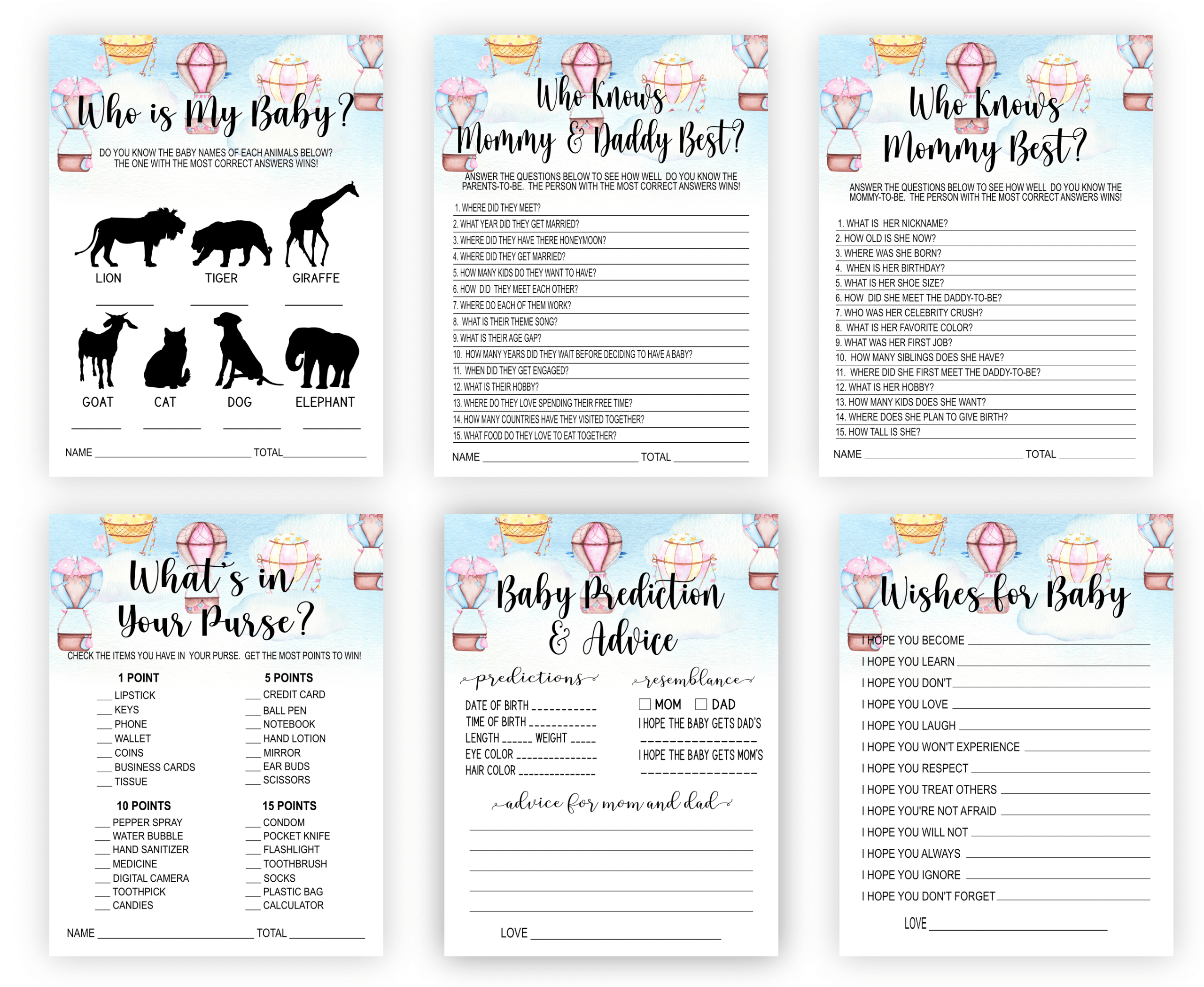 Baby Shower Games Up, Up, and Play! Hot Air Balloon Baby Shower Games Bundle Pack Set and Play Baby Shower Games