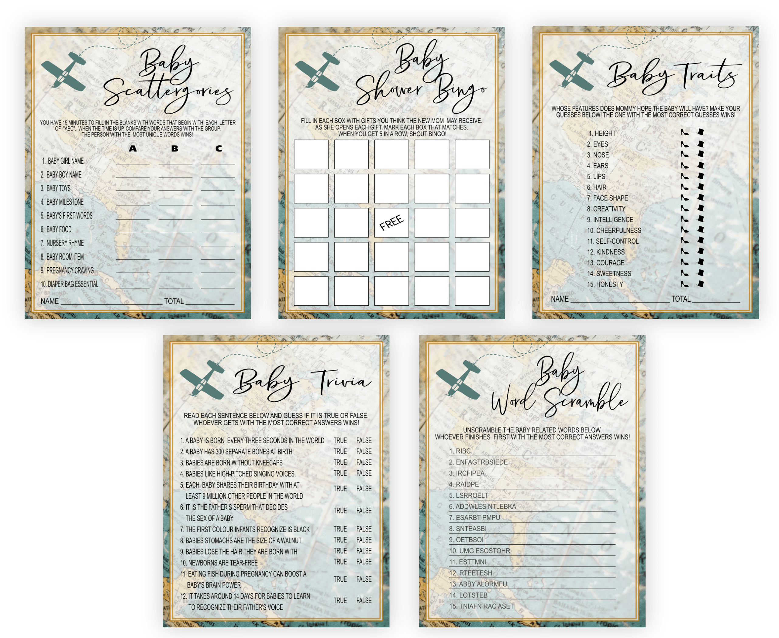 Baby Shower Games 22 Games Travel Baby Shower Games Bundle Set, Printable, Adventure Theme, Airplane, Vintage Rustic 22 Games Travel Baby Shower Games Bundle Set