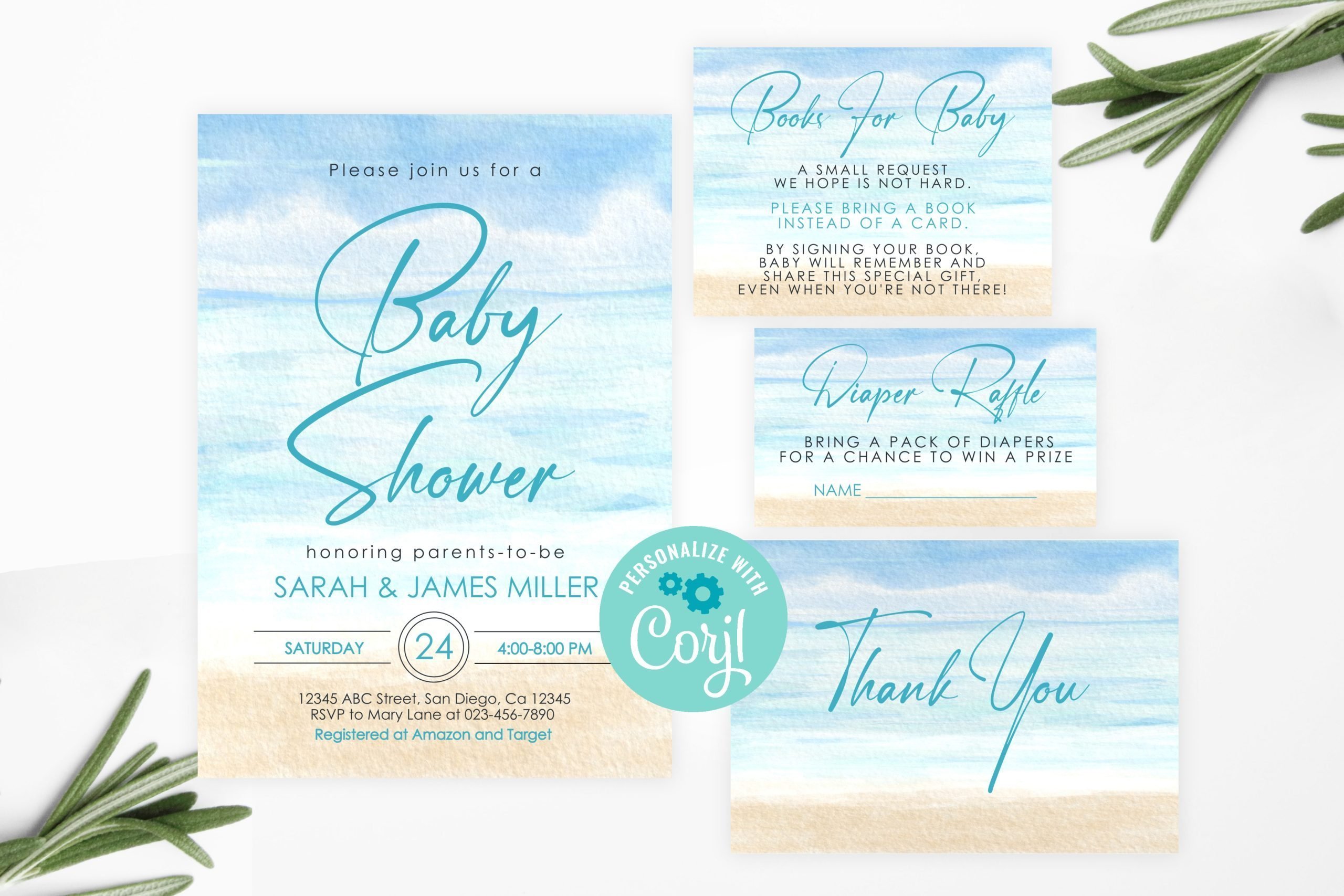 Baby Shower Invitation / Set Editable Beach Baby Shower Invitation Set – Beach Sea Theme 5x7 Invitation Size