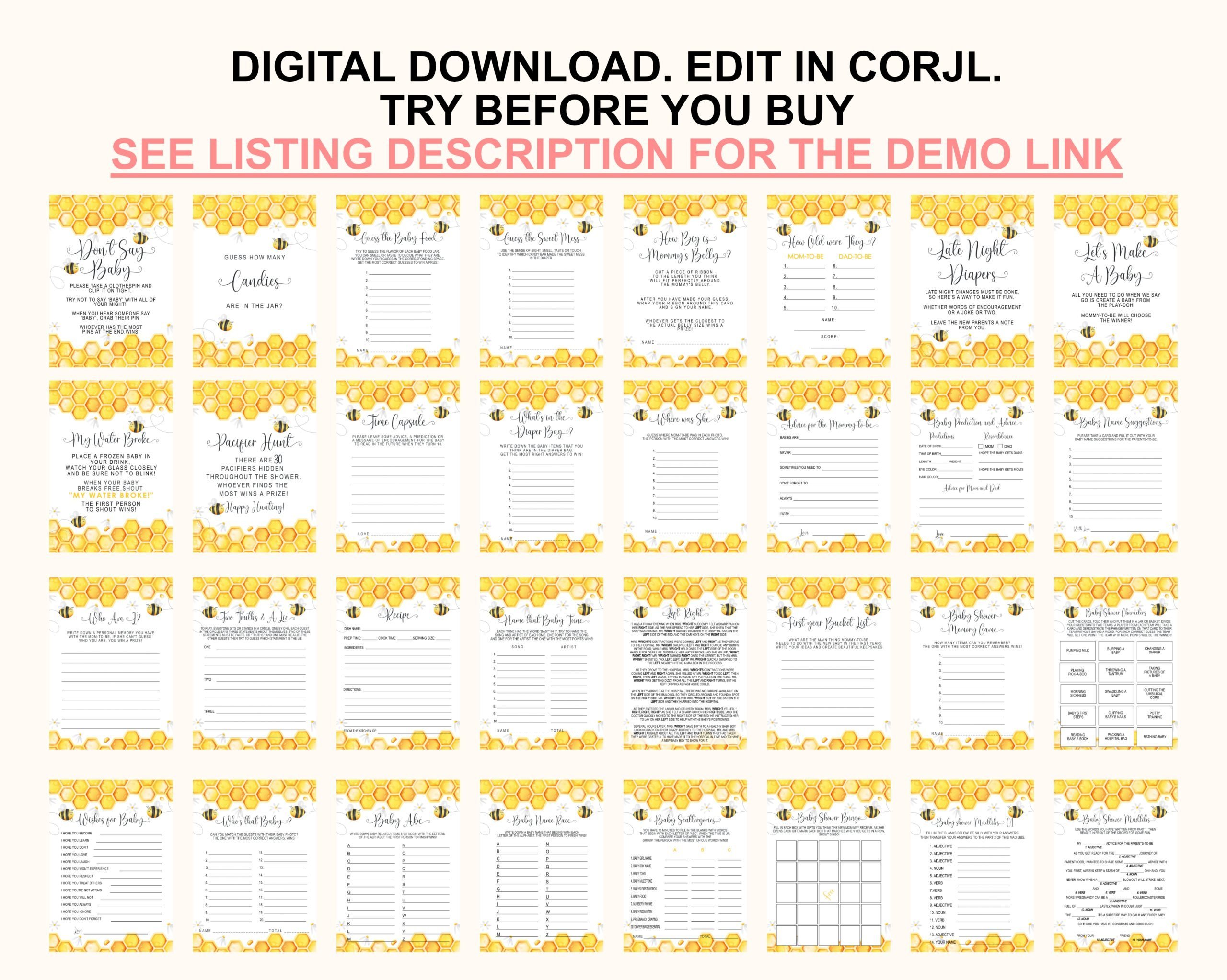 Baby Shower Games Editable Bee Baby Shower Games Bundle, Yellow Honeybee Theme Corjl Editable Bee Shower Game Collection