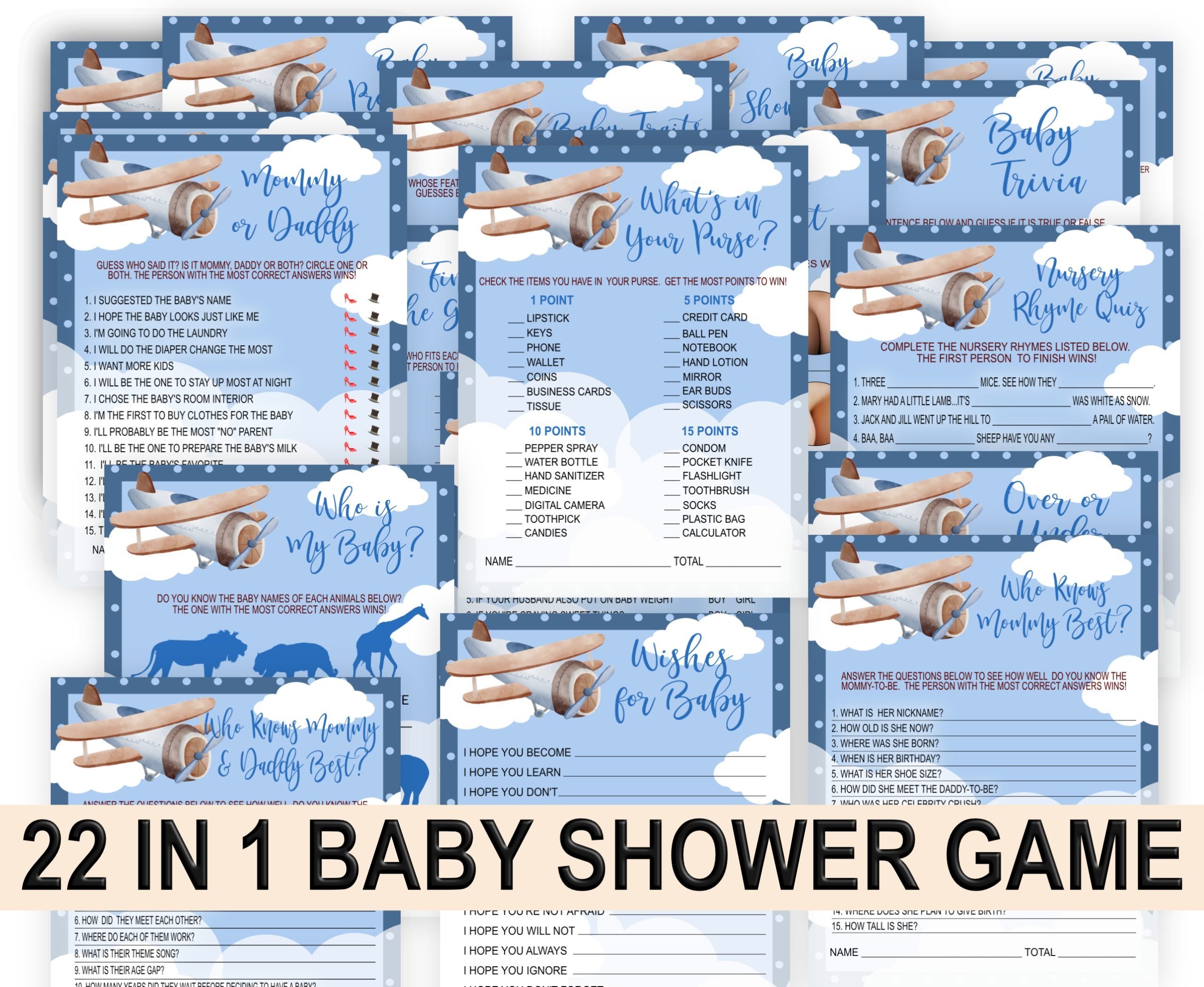 Baby Shower Games Blue Skies Adventure Baby Shower Games Bundle – Printable Airplane Clouds Baby Shower Activities