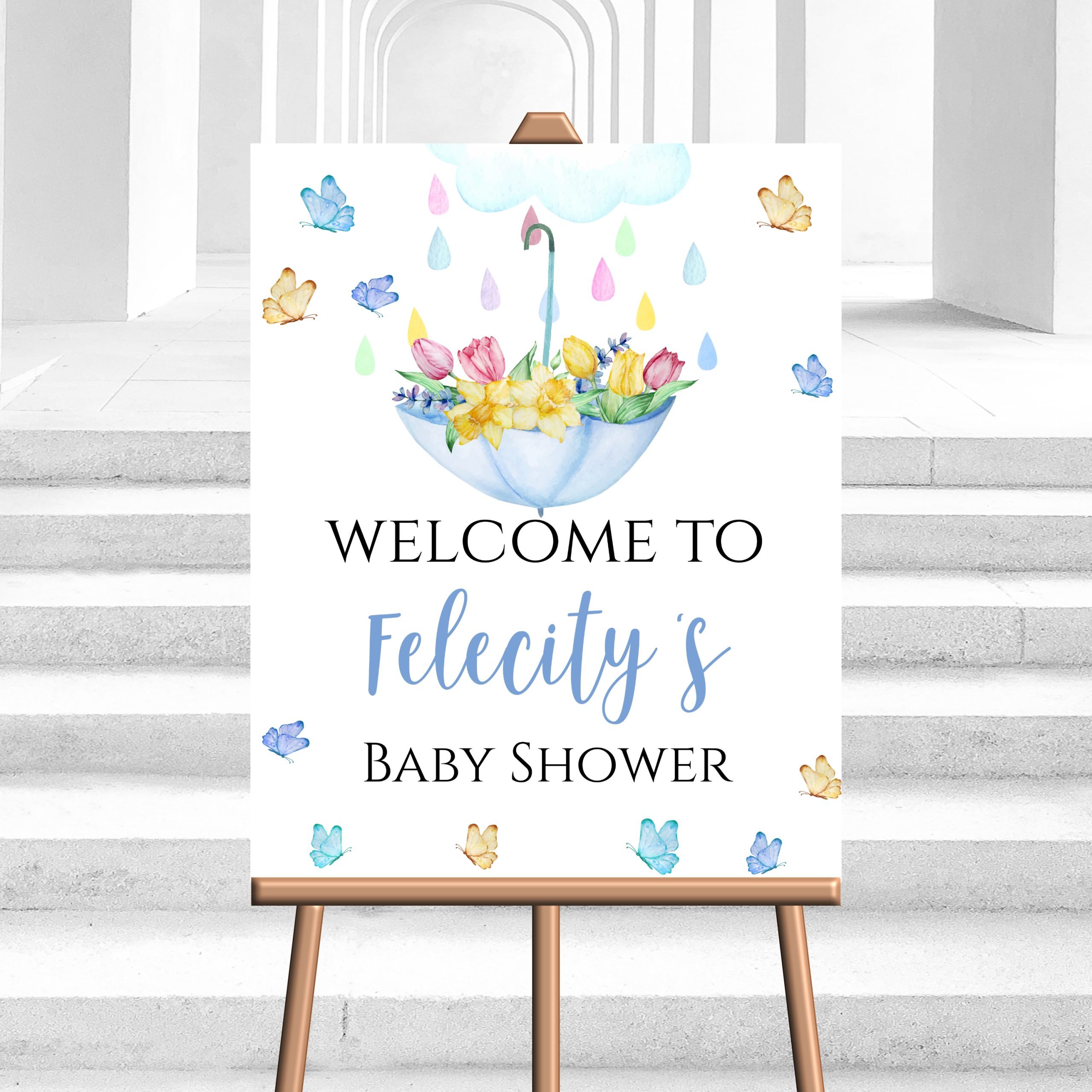 DECOR | SIGNS Editable April Showers Welcome Sign – Boy Blue Umbrella April Showers Baby Shower Decor