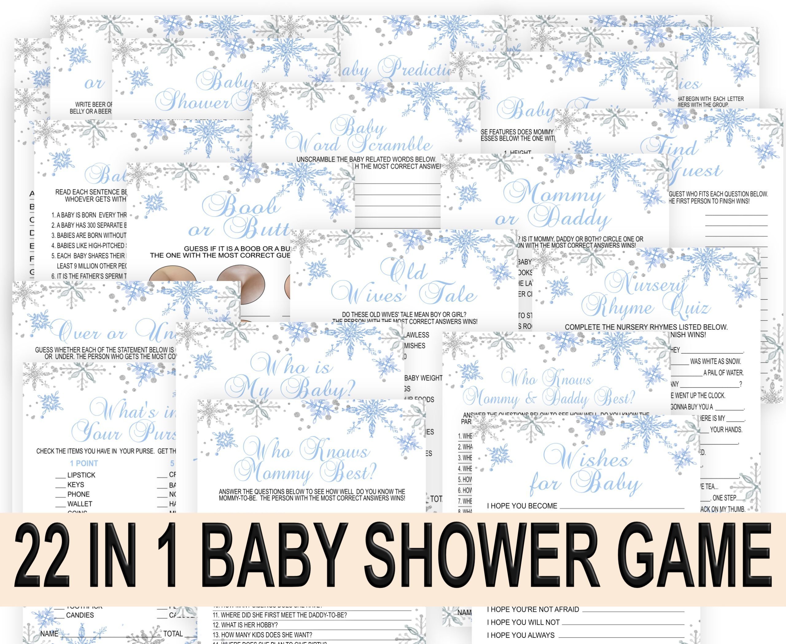 Baby Shower Games Snowflakes Baby Shower Games Bundle Pack, Blue Winter Theme, PRINTABLE baby shower activities