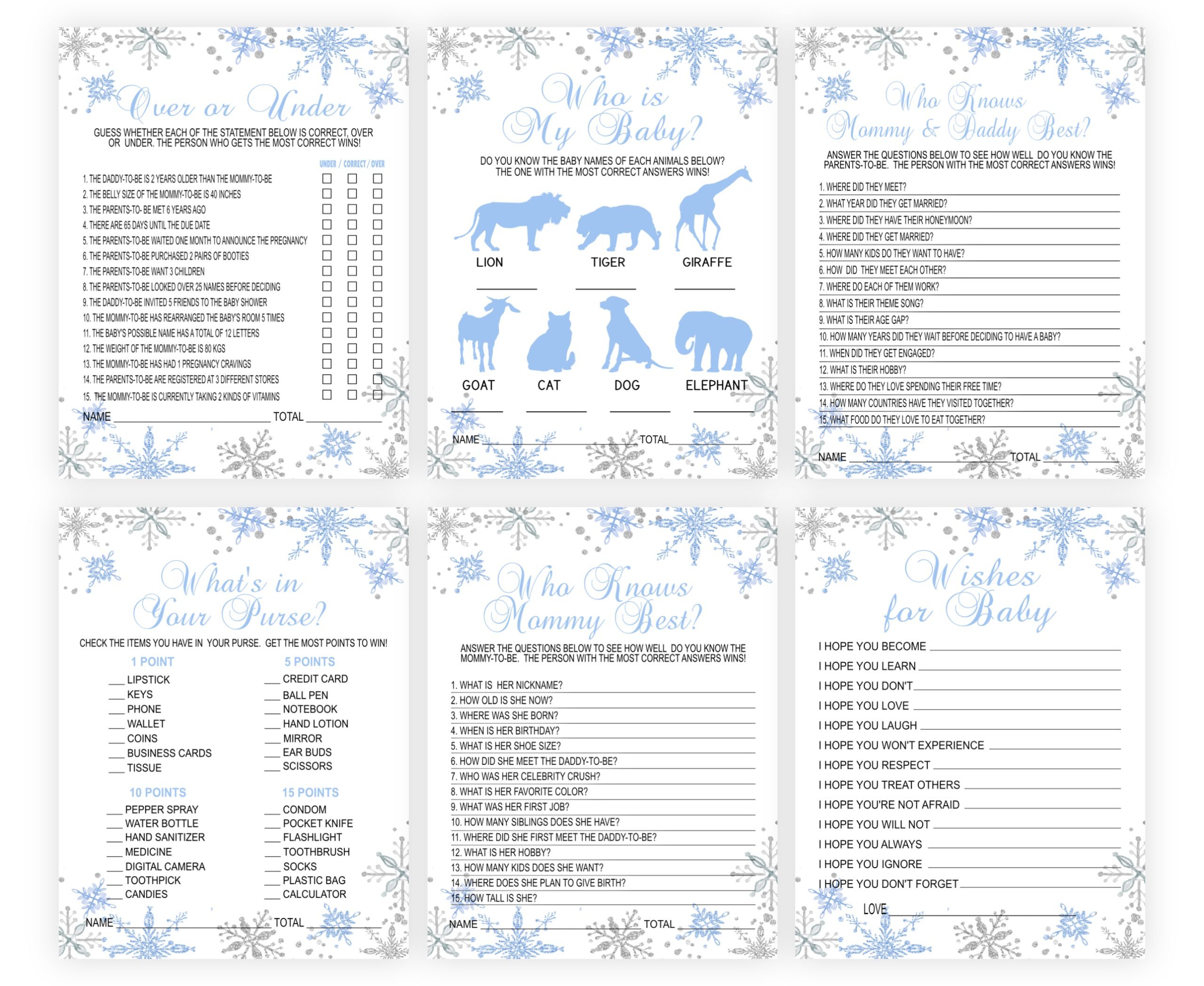 Baby Shower Games Snowflakes Baby Shower Games Bundle Pack, Blue Winter Theme, PRINTABLE baby shower activities