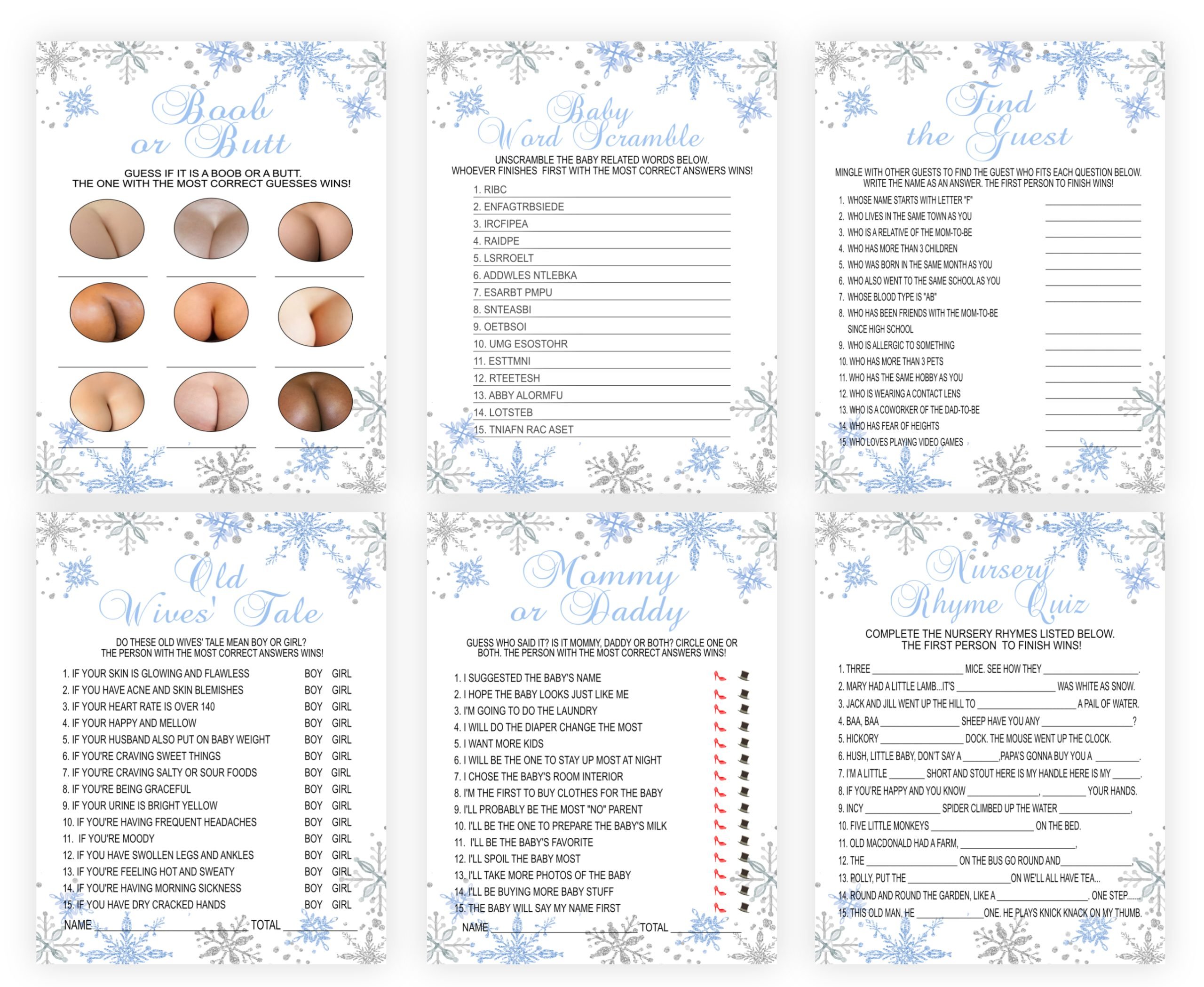 Baby Shower Games Snowflakes Baby Shower Games Bundle Pack, Blue Winter Theme, PRINTABLE baby shower activities