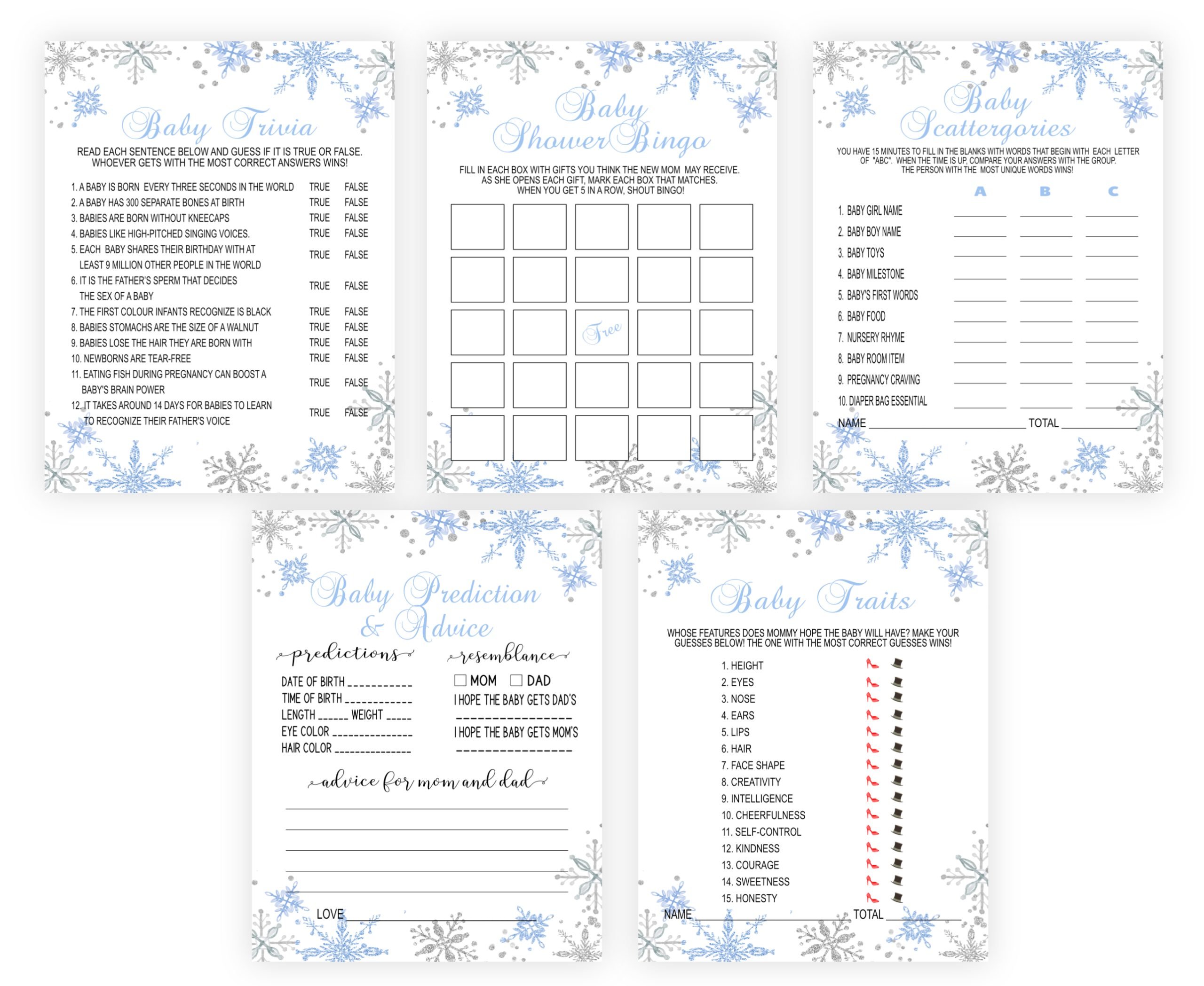 Baby Shower Games Snowflakes Baby Shower Games Bundle Pack, Blue Winter Theme, PRINTABLE baby shower activities