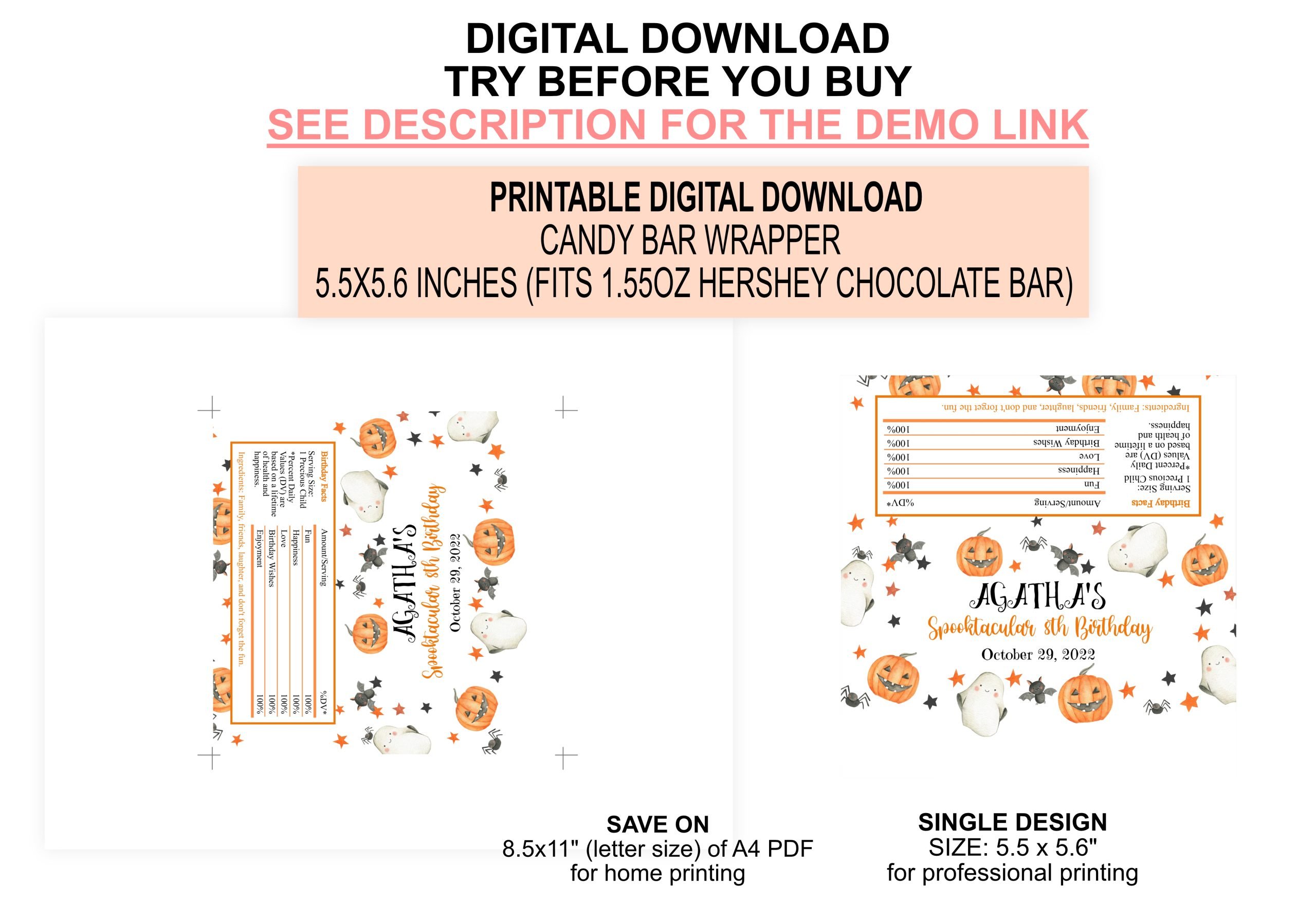 Candy Bar Wrapper Editable Halloween Candy Bar Wrapper Label | Spooktacular Ghost | Birthday Party Chocolate Bar Wrapper | Corjl | Digital PRINTABLE Birthday party chocolate bar wrapper