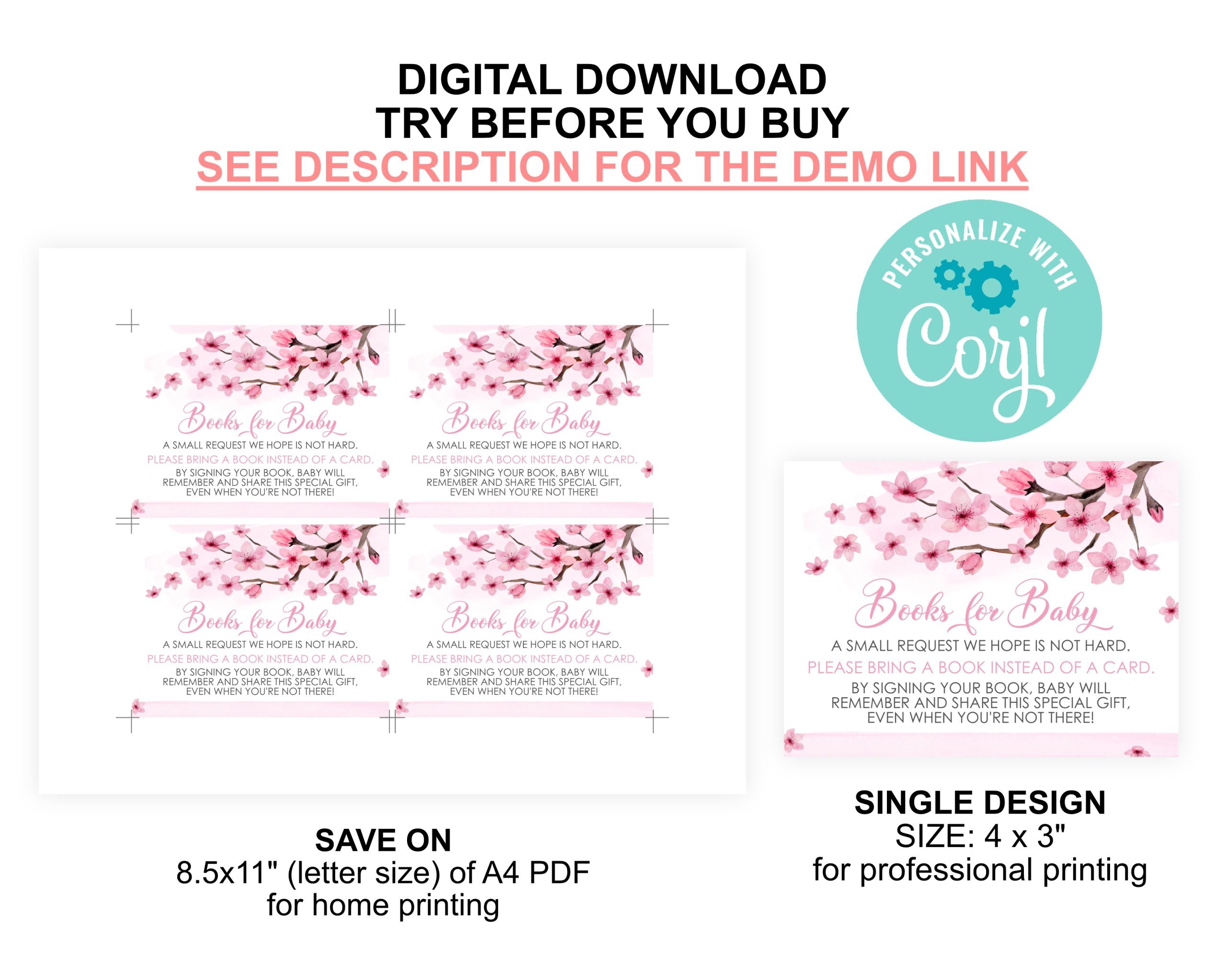 Baby Shower Invitation / Set Editable Cherry Blossom Baby Shower Invitation Set – Pink Floral Diaper Raffle, Thank You Card, Books for Baby – Corjl Template Baby Shower Printables.